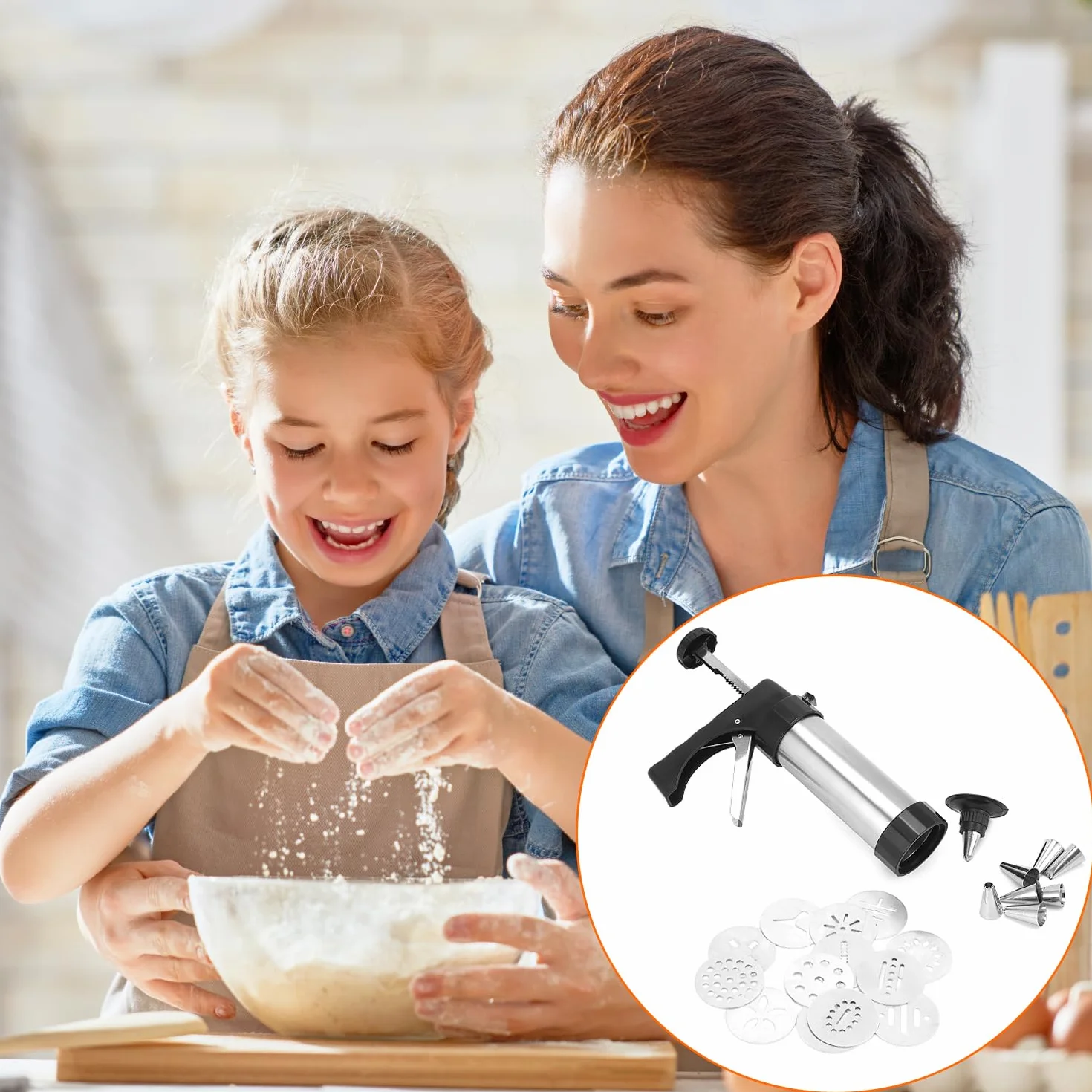 QWORK® Prasa do ciastek ze stali nierdzewnej, zestaw do robienia ciastek z 8 dyszami i 13 szablonami do ciastek, pistolet do wyciskania ciastek dla entuzjastów pieczenia