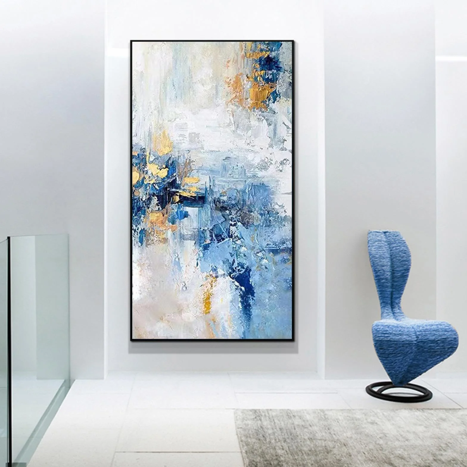 ZHMANLUCK Gotowe do zawieszenia pionowe obrazy korytarz przejście mural niebieski obraz olejny nowoczesny minimalistyczny lekka luksusowa abstrakcyjna dekoracja ścienna salonu 86x175cm/(34x69cale) z