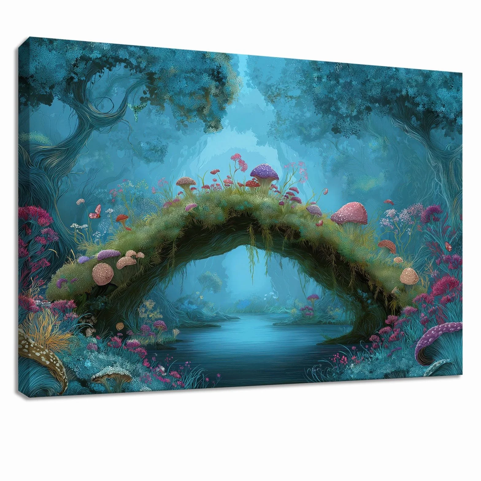 Natura, las na płótnie, oprawiony obraz na płótnie, oprawiony obraz, grafika do salonu, sypialni, przedpokoju, kuchni lub biura, dekoracja, 90 x 60 cm, niebieska dżungla, rośliny, grzyby