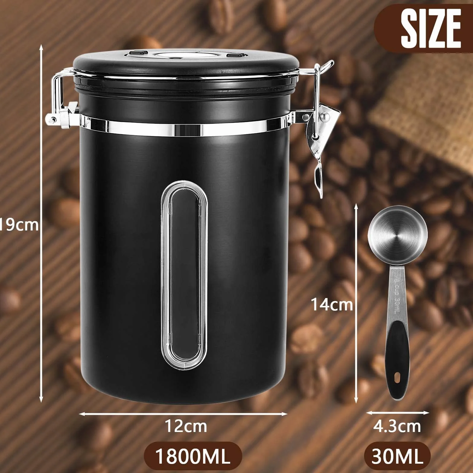 Royouzi Puszki na kawę, hermetyczne, 1,8 l/1800 ml, pojemnik na kawę ze stali nierdzewnej, pojemnik na ziarna kawy z szuflą, próżniowe przechowywanie ziaren kawy, kolor czarny | Pojemnik na ziarna kawy 1800 ml ze śledzeniem daty i czajnikiem pomiarowym na