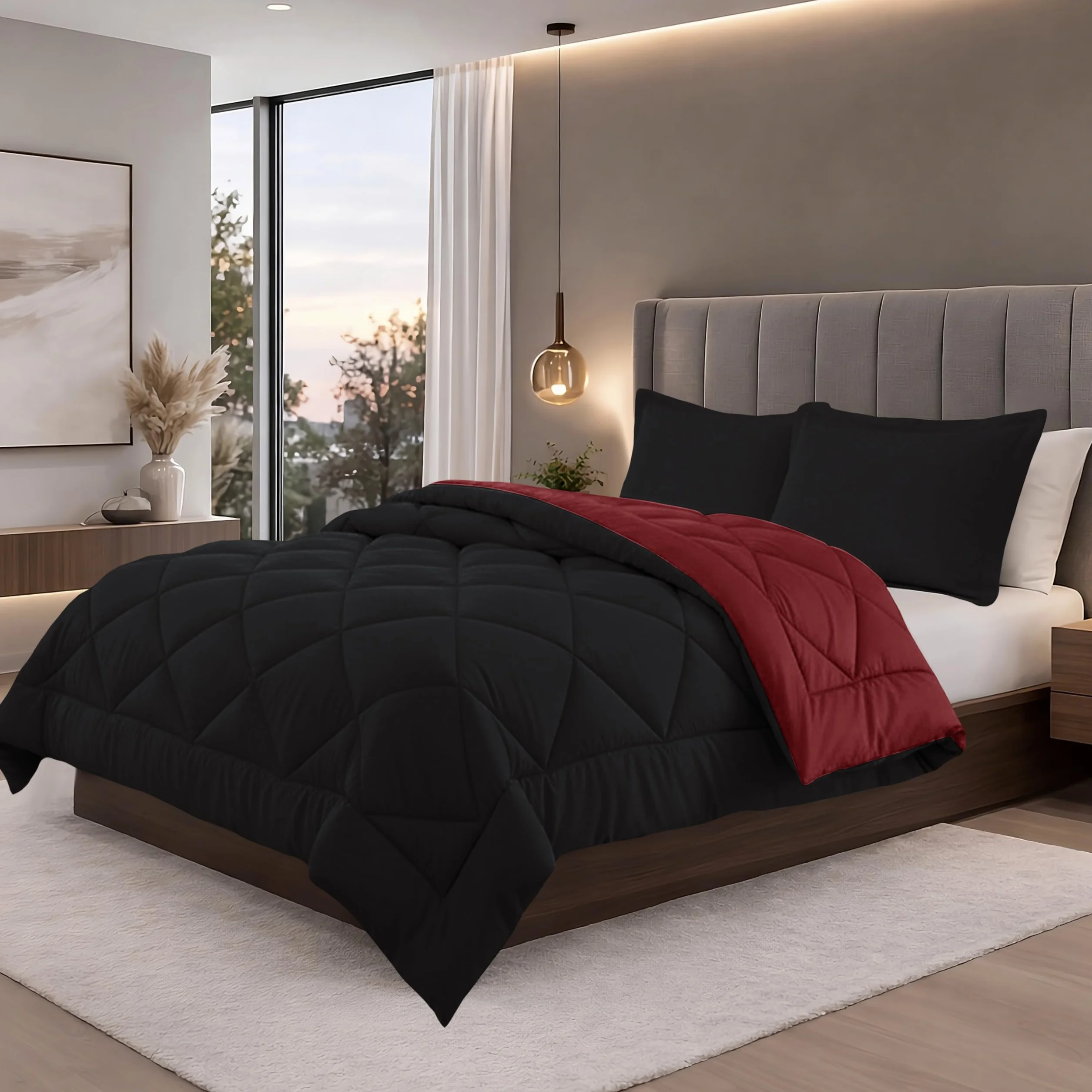 Elegant Comfort Oddychająca i super miękka całoroczna dwustronna kołdra z diamentowym pudełkiem, bawełna, czarny/bordowy, podwójny