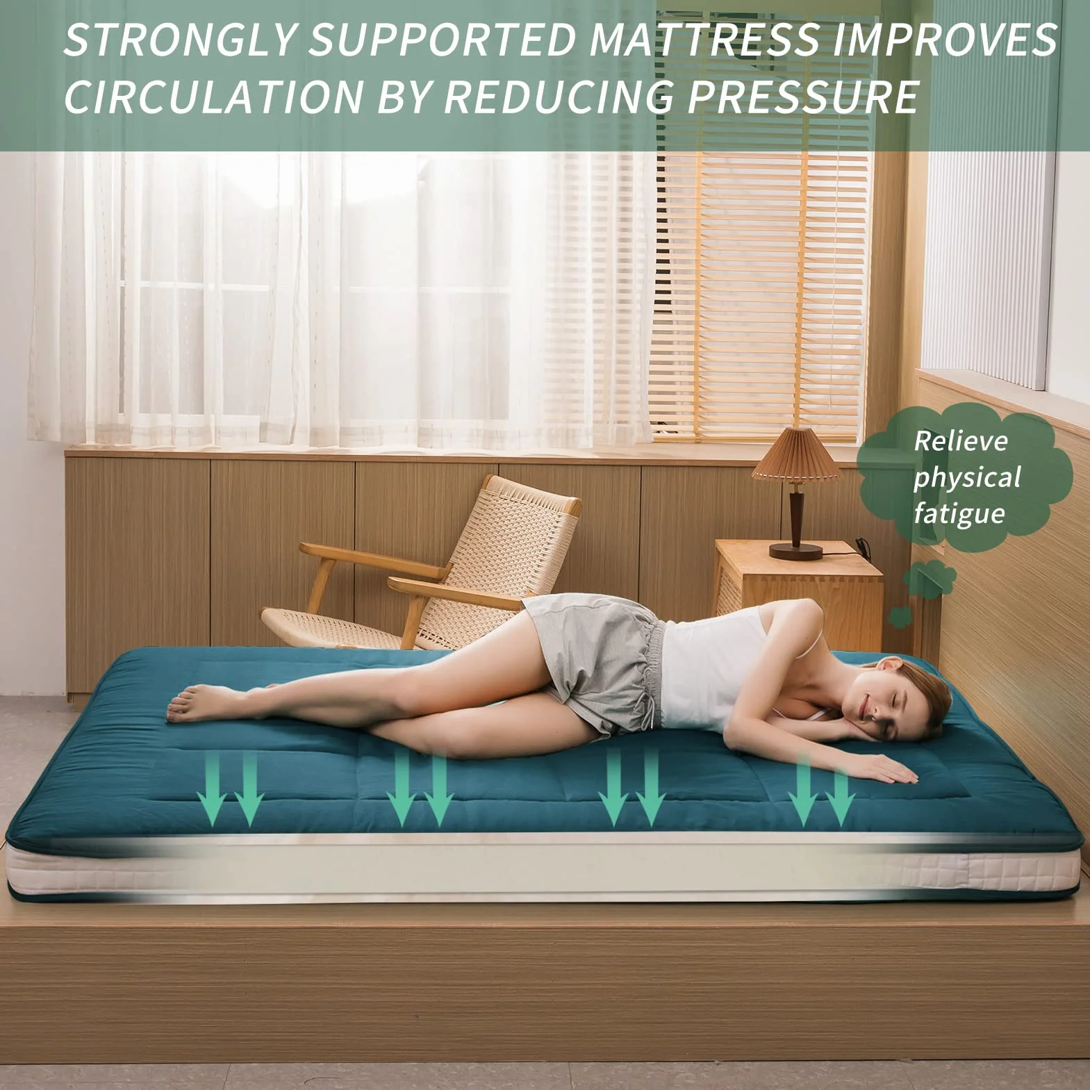 MAXYOYO Futon Materac - Wyściełany Japoński Materac Podłogowy, Pikowany, Bardzo Gruby Składany, Oddychający Leżak, Łóżko dla Gości (Bluestone, Podwójny)