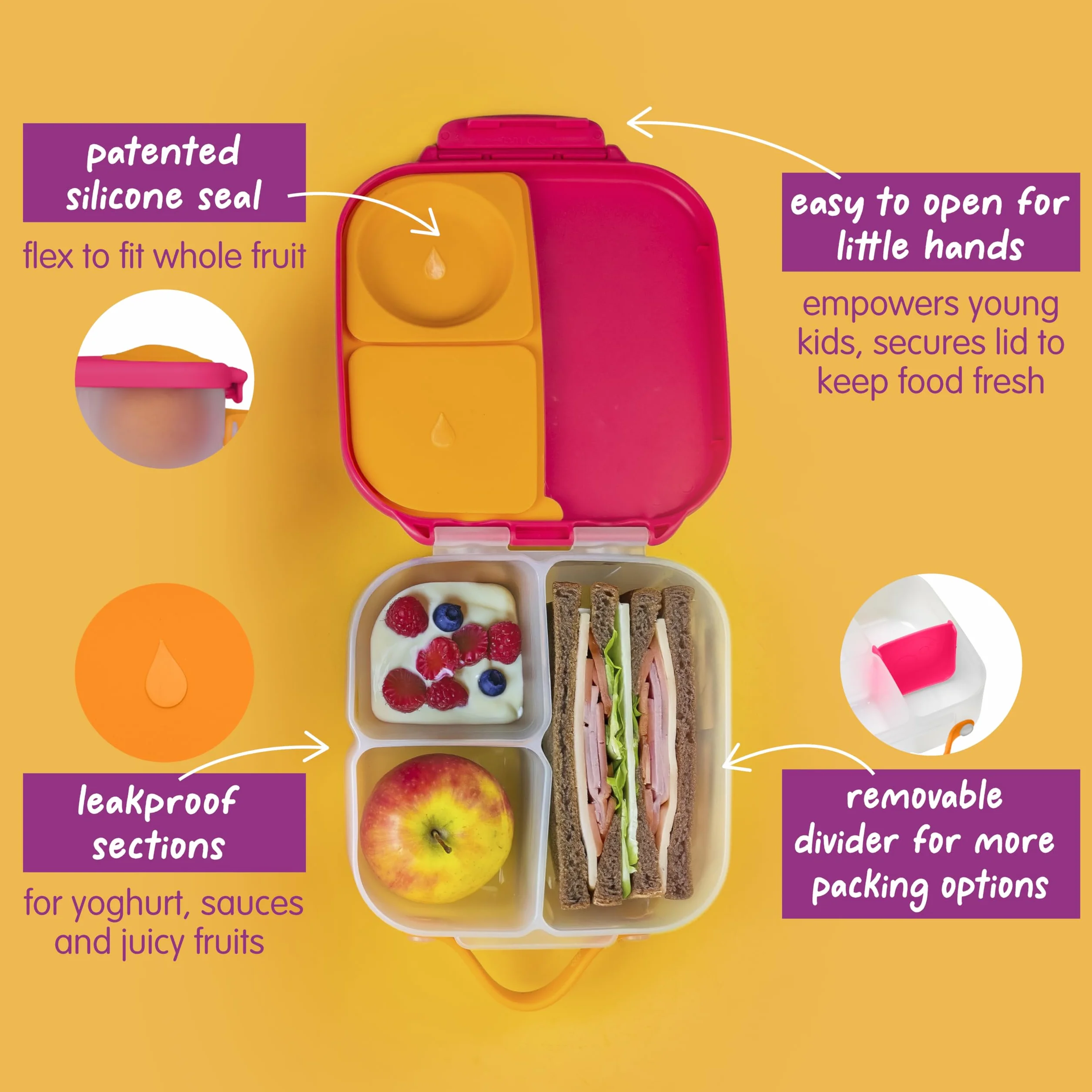 b.box Mini pudełko na lunch Bento z 3 przegródkami (2 szczelne), optymalne dla małych dzieci, na lunch i przekąski, pasuje na cały owoc, bez BPA, shake truskawkowy