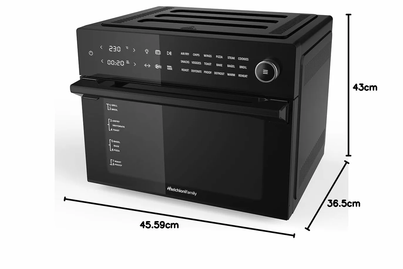 Melchioni Family BENEDETTA frytkownica powietrzna o pojemności 30 litrów, wyświetlacz cyfrowy, funkcja Dual Cook, Air Fryer z 18 programami, 30-230°, 12 h, czarny