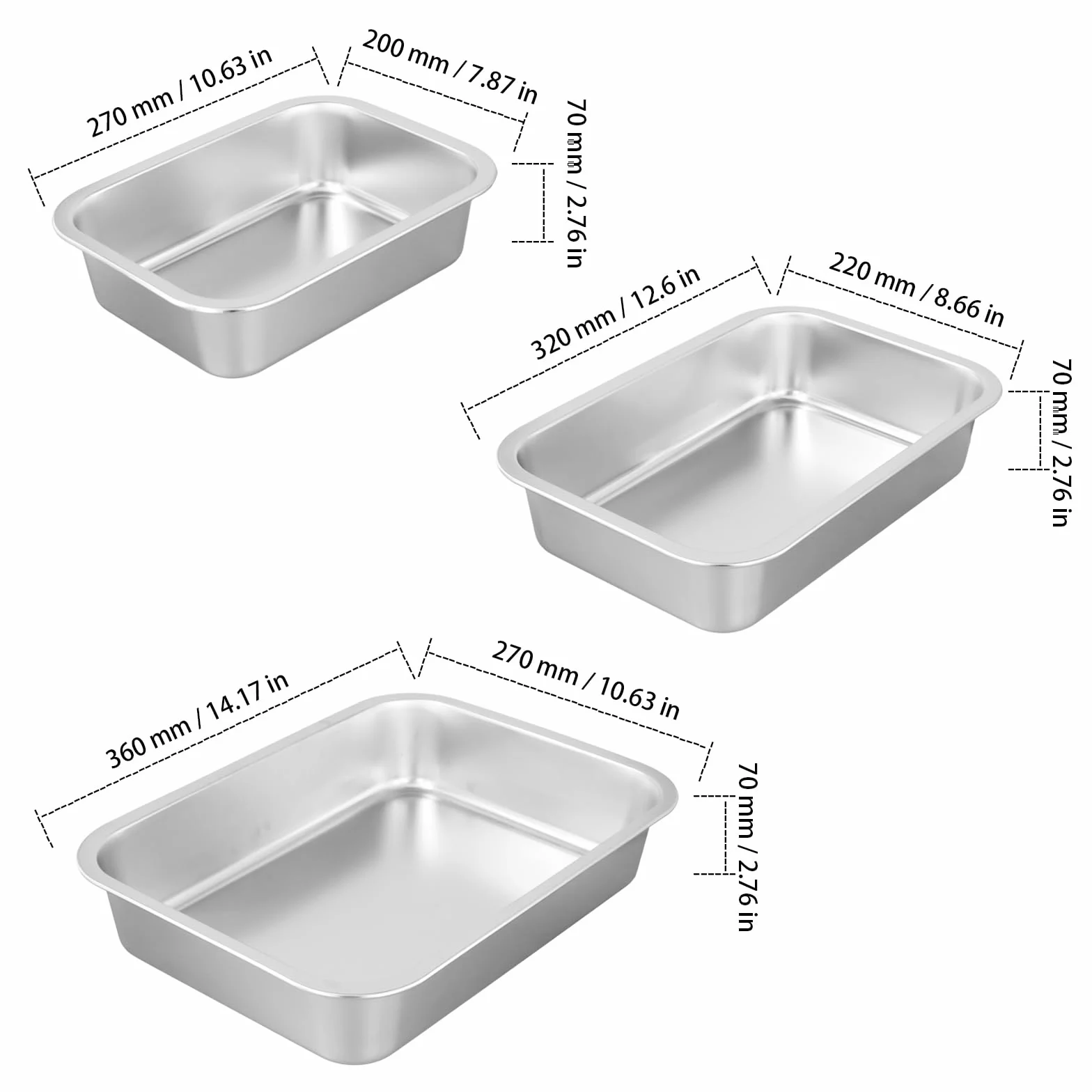 3-częściowy zestaw naczyń do pieczenia ze stali nierdzewnej, 27 x 20 x 7, 32 x 22 x 7, 36 x 27 x 7 cm, prostokątna blacha do pieczenia z uchwytami, prostokątna taca do pieczenia do piekarnika
