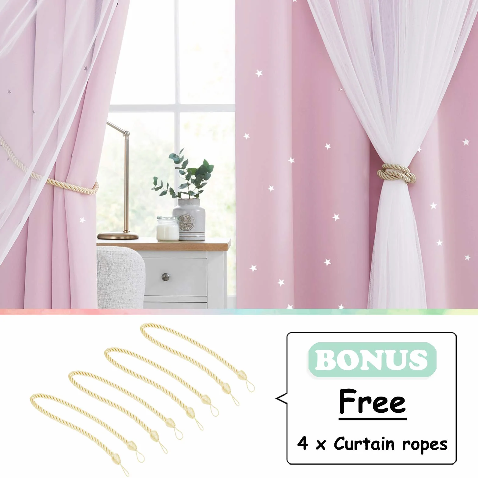 NICETOWN zestaw 2 firanek dziecięcych dla dziewcząt - zasłony z gwiazdkami - 160 x 132 cm (wys. x szer.) - zasłony zaciemniające z woalem do pokoju dziecięcego - jasnoróżowe zasłona z oczkami