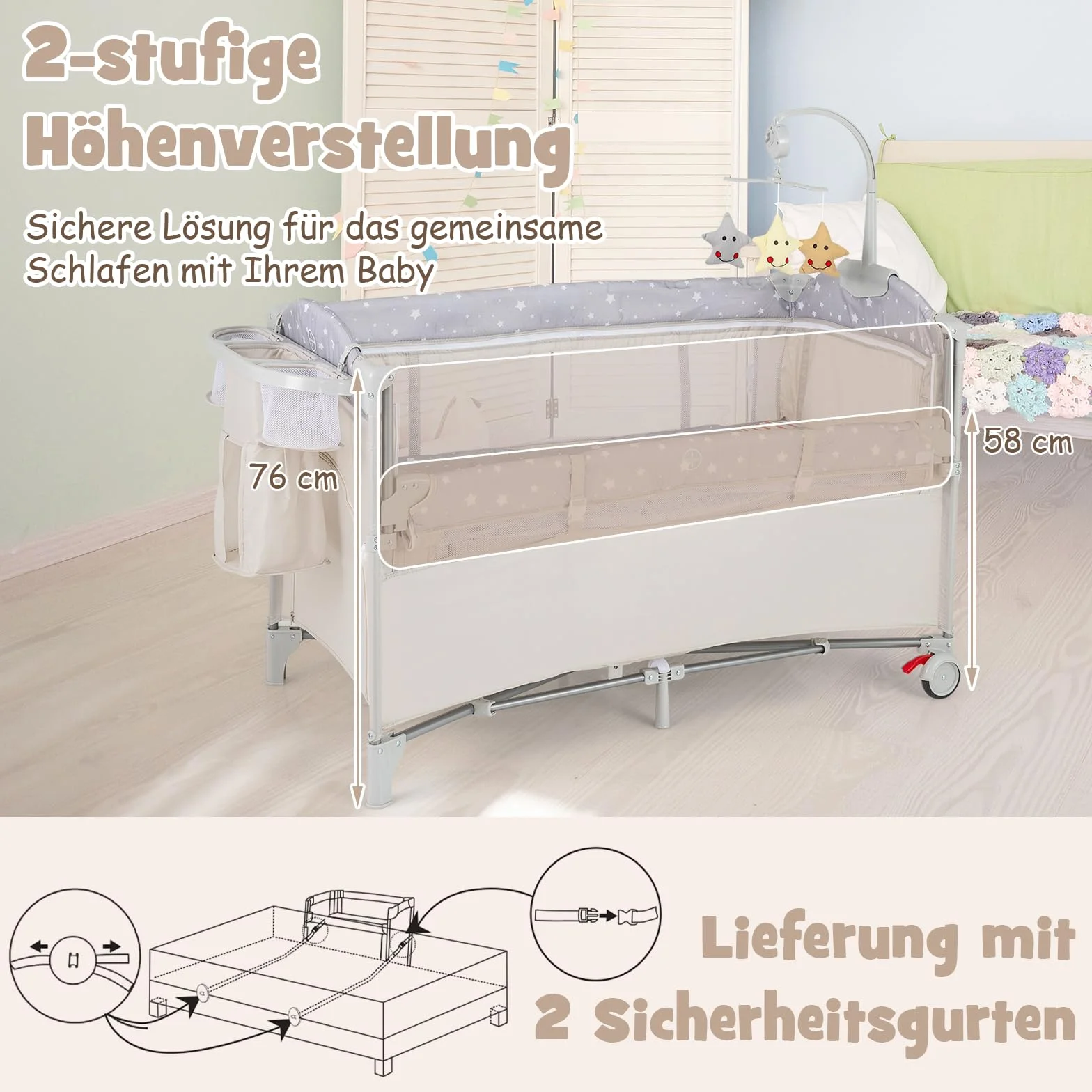 COSTWAY Łóżeczko dostawne 5 w 1 składane, łóżeczko turystyczne z materacem, 2-poziomowe łóżeczko dziecięce z kółkami, pałąkiem do zabawy i matą do przewijania, kołyska z torbą transportową dla dzieci