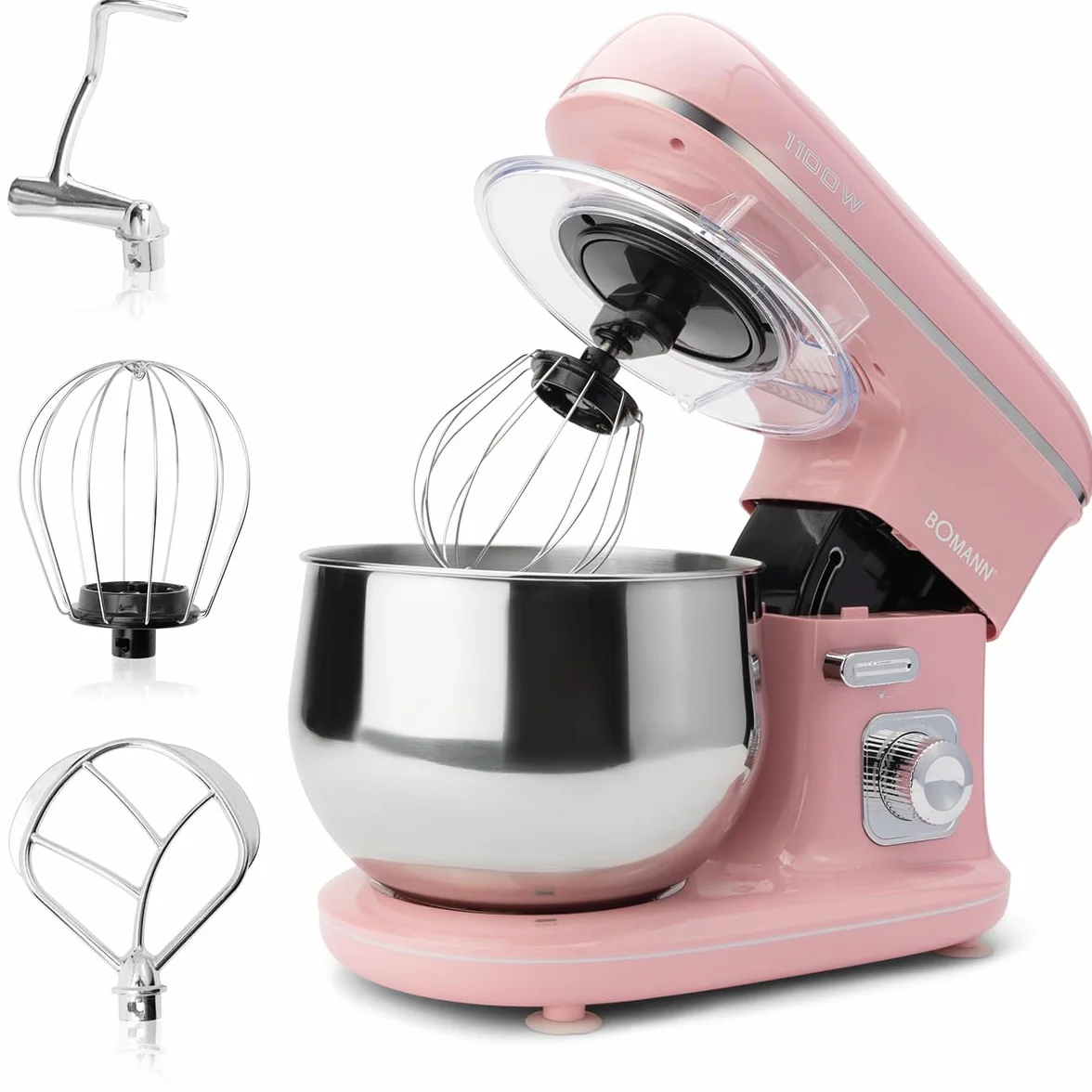 Bomann® Robot kuchenny w stylu retro, 5 l, z mocnym silnikiem 1100 W, w zestawie z hakiem i trzepaczką, w stylu retro, ochrona przed pryskaniem, z otworem do napełniania – KM 6030 CB różowy