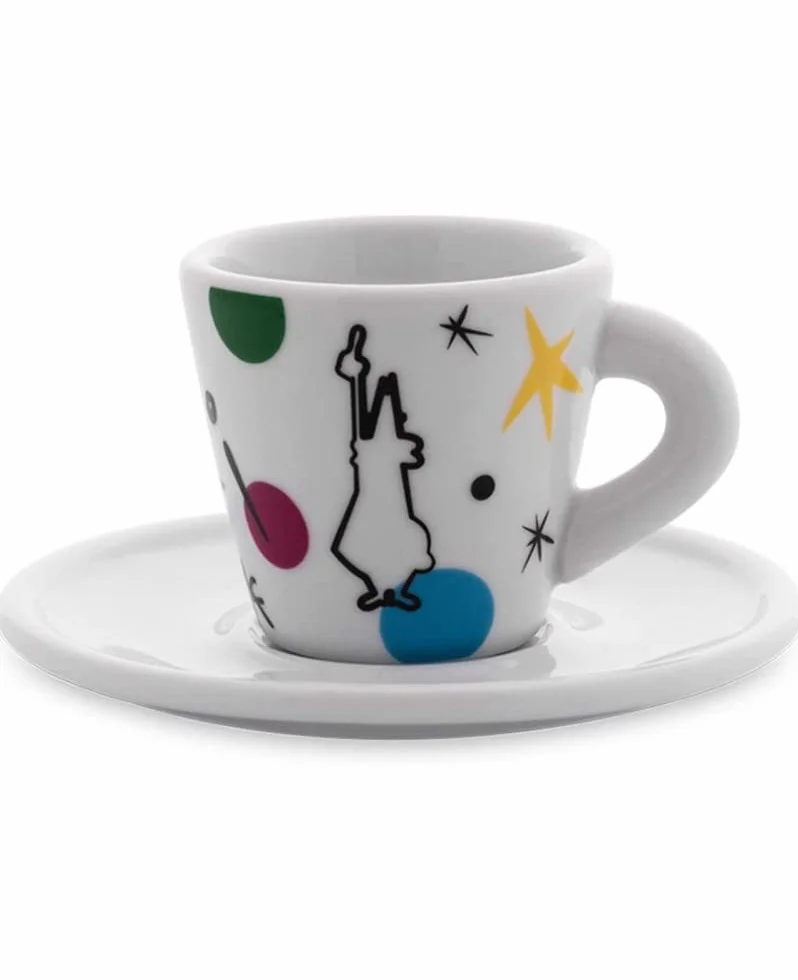 Bialetti 4-częściowy zestaw filiżanek do espresso ze spodkami z białej porcelany, stożkowaty, pojemność 60 ml, dekoracja artystyczna firmy Mirò, Kandisky, Haring, Matisse
