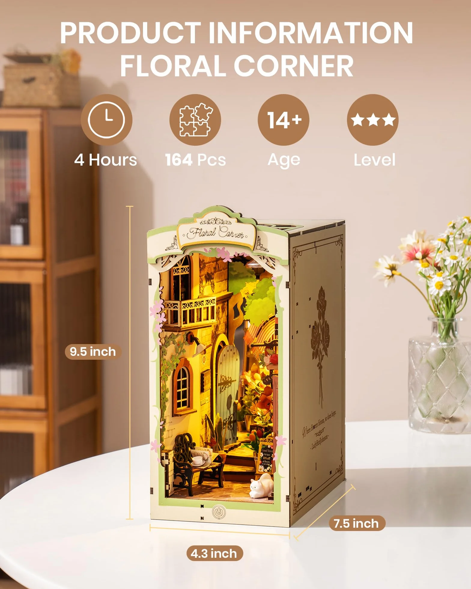 ROBOTIME Zestawy do zakamarków dla dorosłych, kwiatowy narożnik z osłoną przeciwpyłową, Booknook, DIY, miniaturowy zestaw do domu, 3D, drewniane, puzzle, podpórka na książki, półka, dekoracja,
