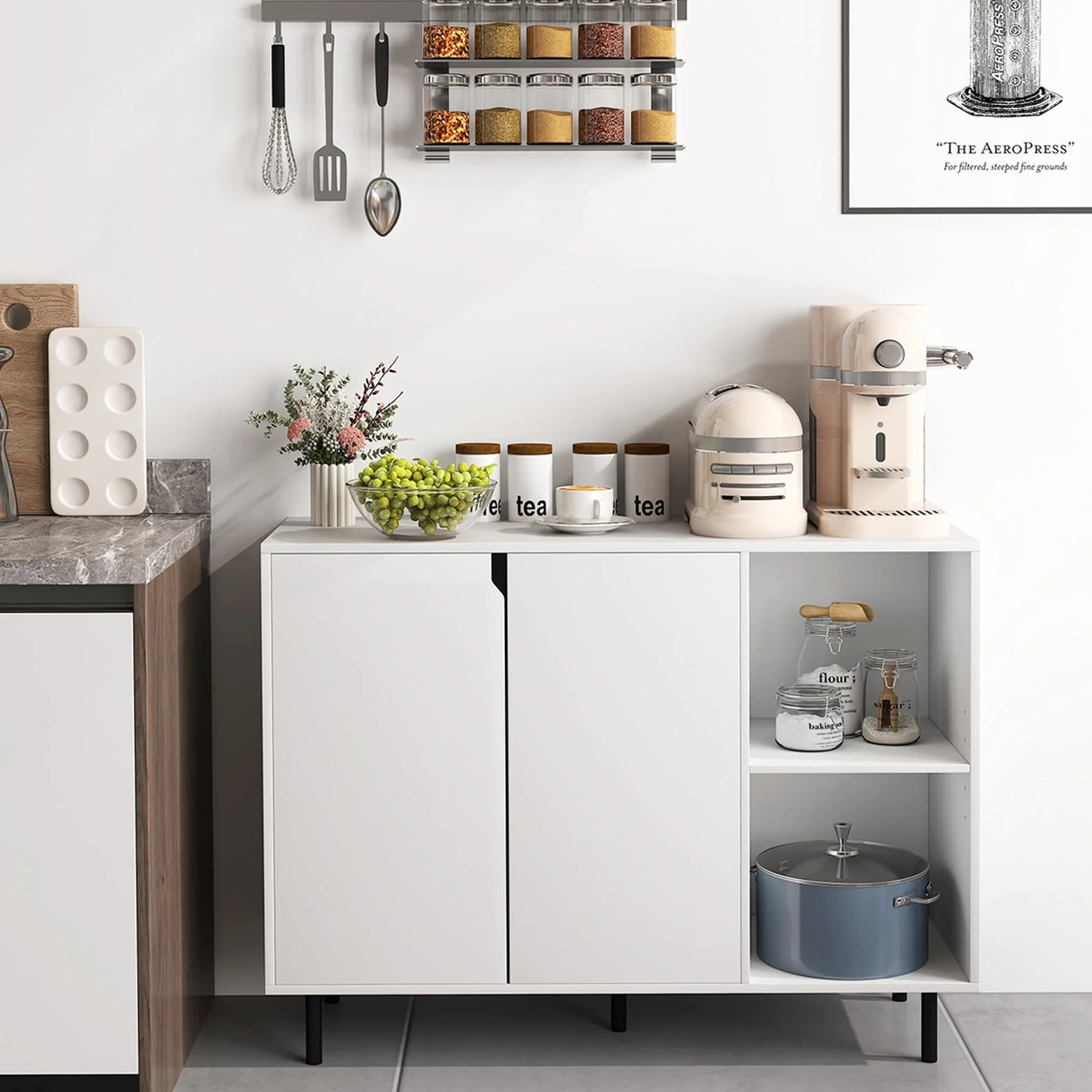 COSTWAY Drewniana komoda z 4 półkami i 2 drzwiami, szafka bufetowa, szafka kuchenna, regulowane półki, nowoczesna szafka, 106 x 38 x 80 cm (biała)