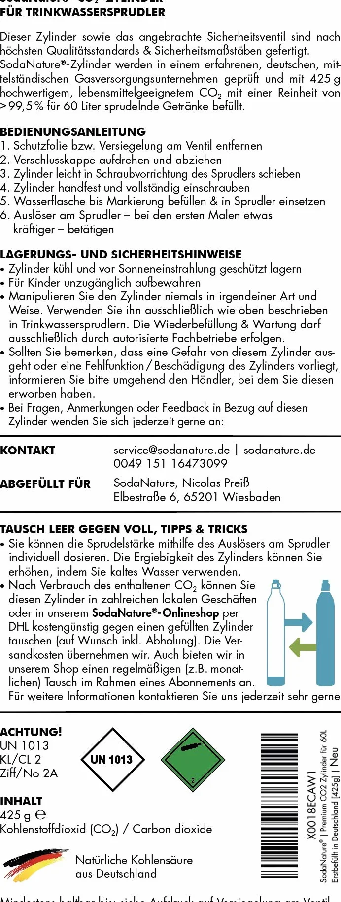 SodaNature | 2 x Premium 60 l CO2 cylindry do SodaStream (z wyjątkiem QC), Aarke itp. | nowy i po raz pierwszy napełniony w Niemczech | naturalny dwutlenek węgla do 2 x 60 l | TÜV do 2035 [425 g]