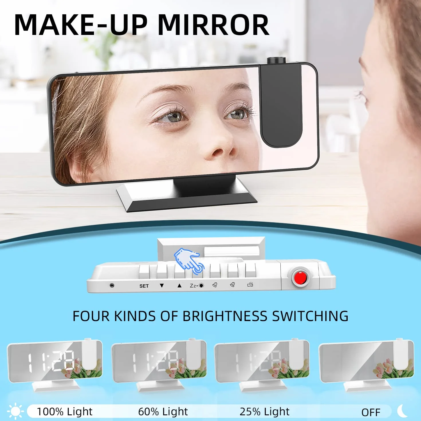 Budzik z projektorem na ścianę, podwójny alarm, LED, 12/24 h, 4 poziomy jasności, port USB, biały