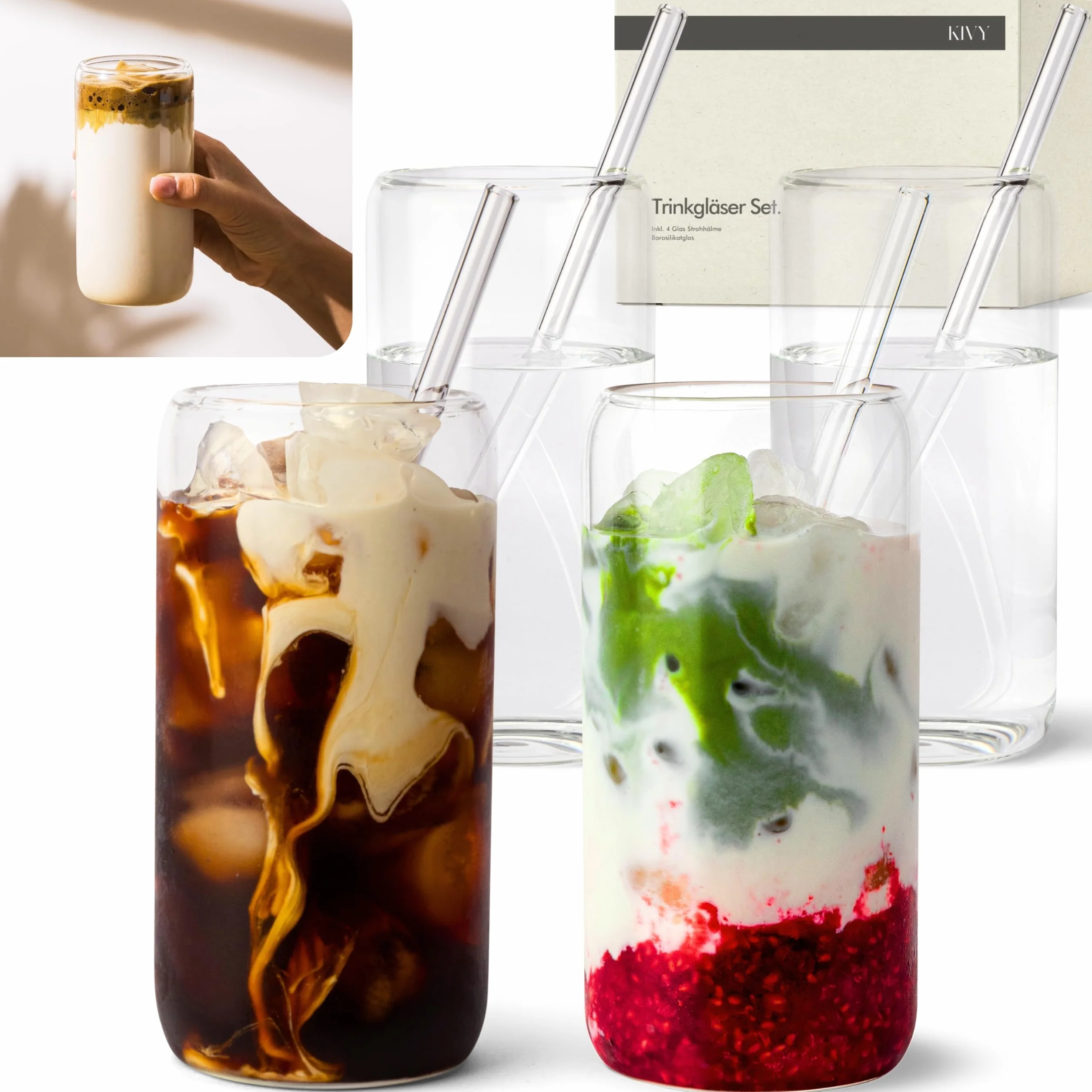 KIVY Zestaw Szklanek Do Picia Ze Szklanymi Słomkami [4 x 450 ml] Do Mrożonej Kawy, Wody i Koktajli