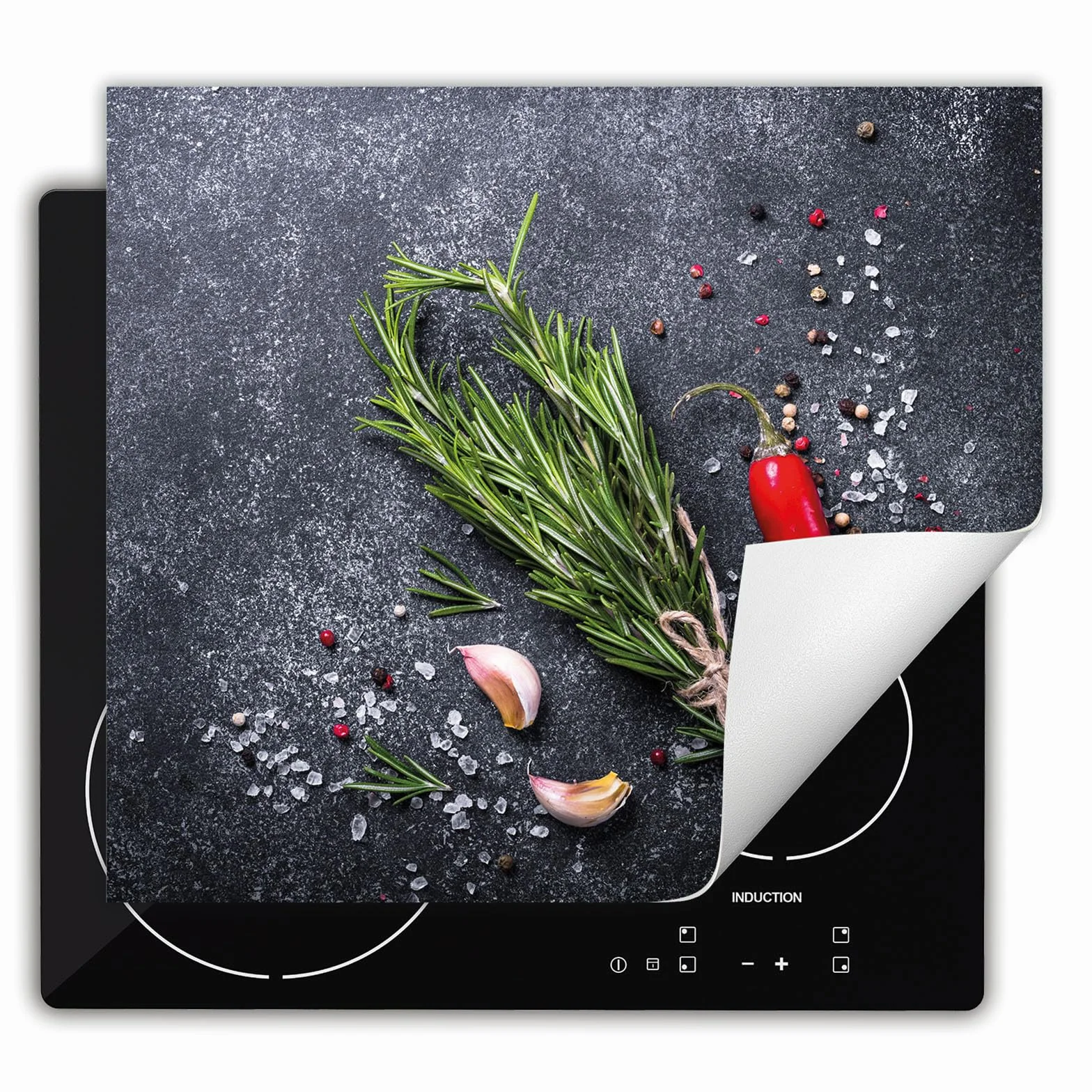 Mata ochronna na płytę indukcyjną 60x52 cm - Mata winylowa zwijana na blat - Mata dekoracyjna na kuchenkę - łupek - chili - przyprawy