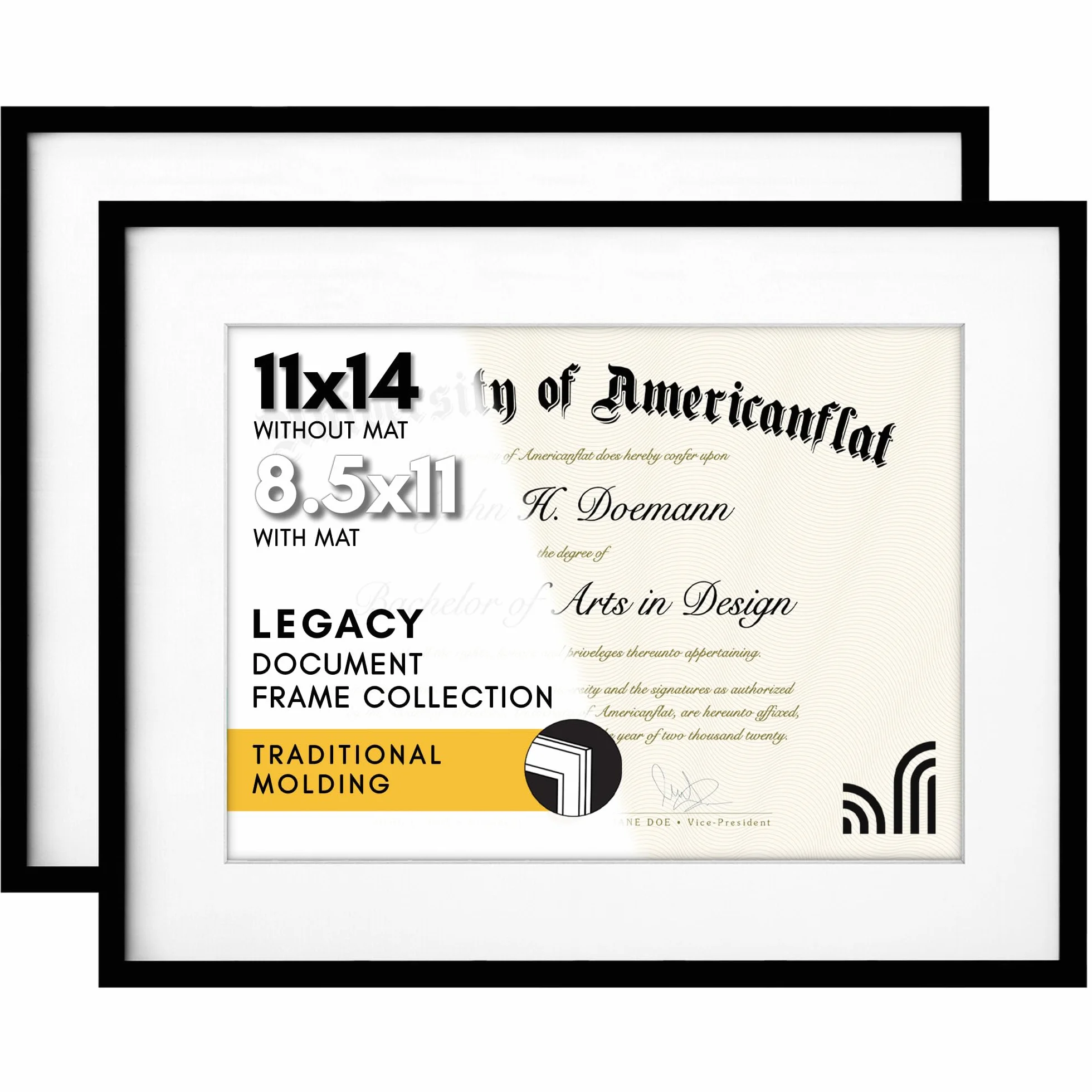 Americanflat Ramki na dyplomy 11 x 14 w kolorze czarnym – zestaw 2 – wyświetlają dyplomy 8,5 x 11 z matą lub użyj jako ramki 11 x 14 bez maty, ramki na dokumenty z odpornym na pękanie szkłem i