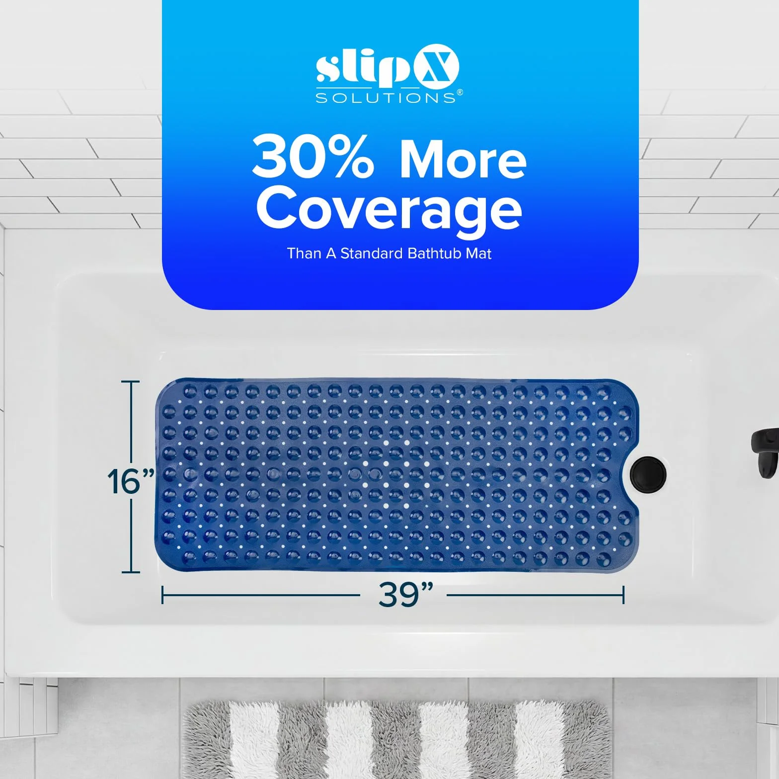 SlipX Solutions Power Grip bardzo długa mata do wanny i prysznica 39 x 16, antypoślizgowa mata do łazienki dla osób starszych i dzieci, 30% dłuższe maty do wanny, 200 przyssawek, otwory odpływowe,