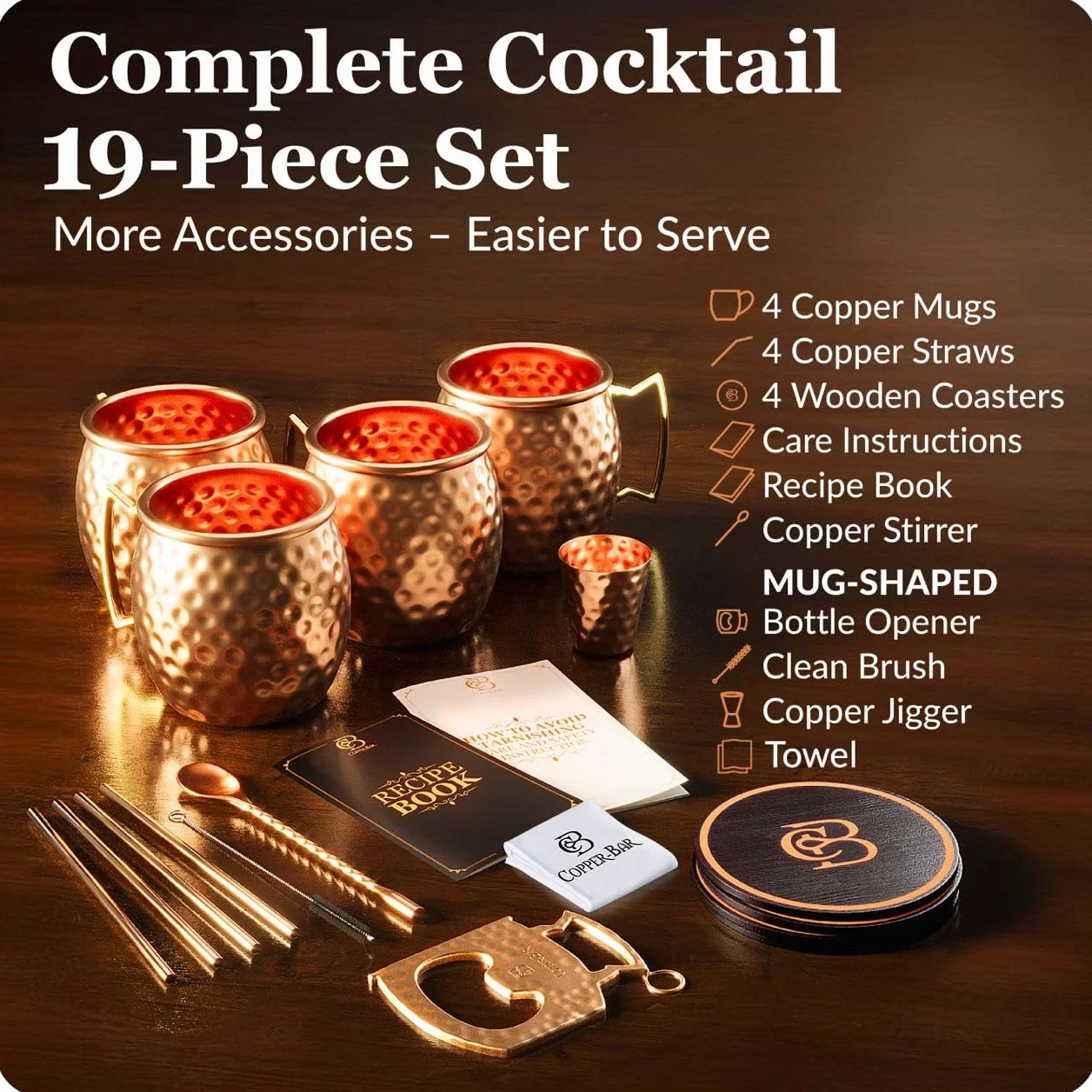 COPPER-BAR Moscow Mule miedziane kubki – unikalny ręcznie wykonany zestaw 4 sztuk, młotkowane przez rzemieślnika, 100% czystej litej miedzi kubki 470 ml do wody pitnej i koktajli, zawiera 19 szt