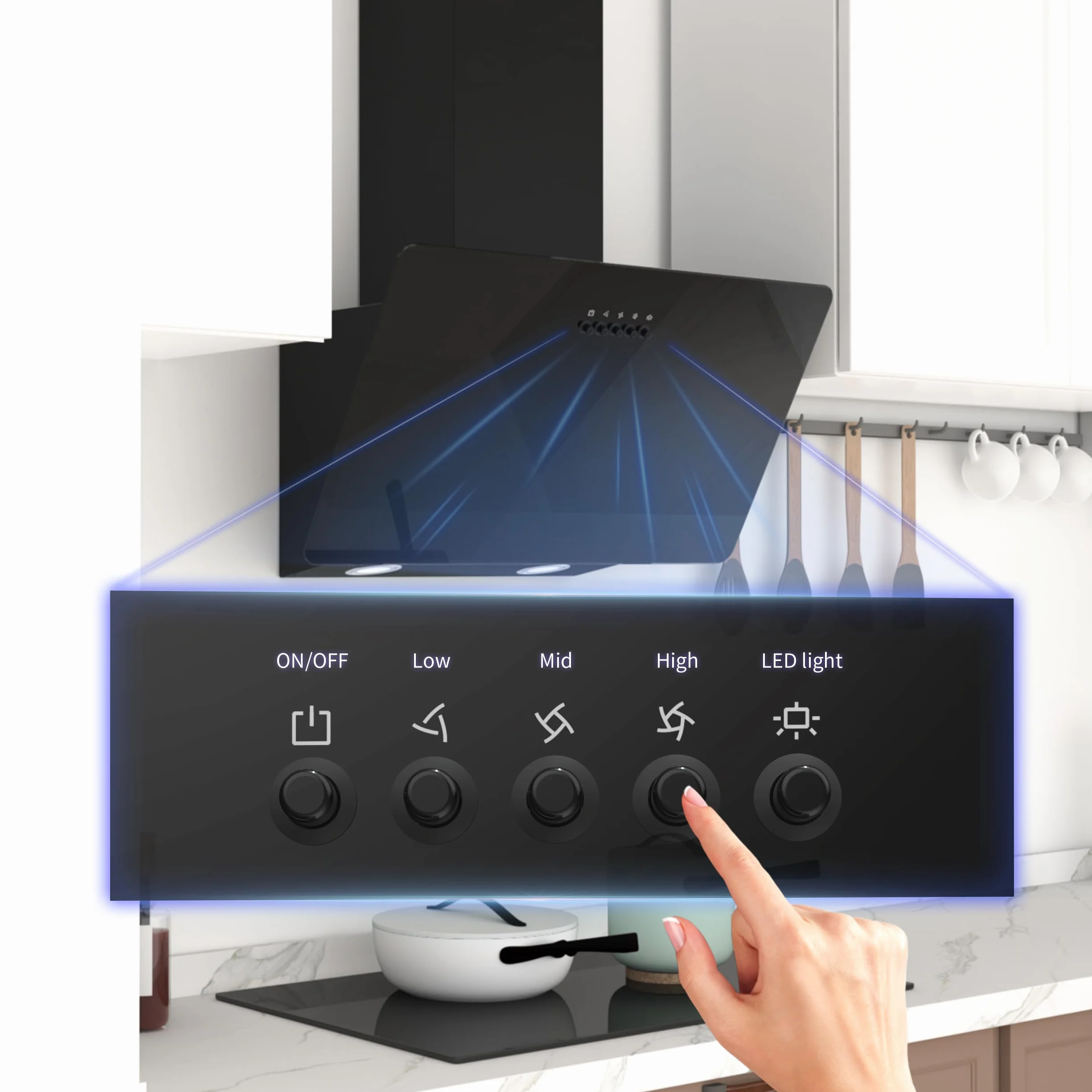FIREGAS Okap kuchenny 60 cm, z diodami LED, silnik bezszczotkowy, cichy, wydajny okap kuchenny, wydajność A++