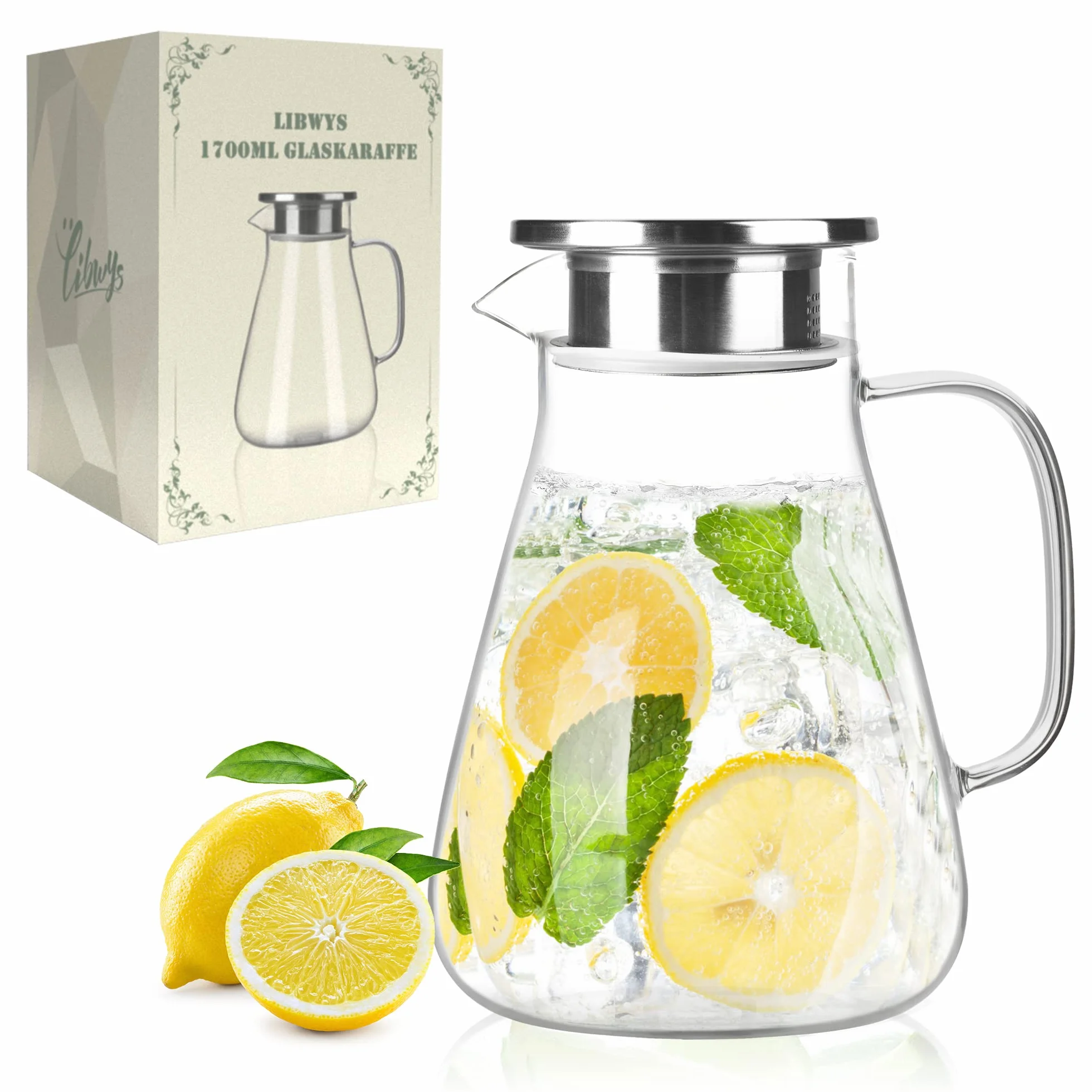 LIBWYS 1700ml Karafka szklana z pokrywką, ze szkła borokrzemowego, karafka, do napojów, soków, herbaty, mleka