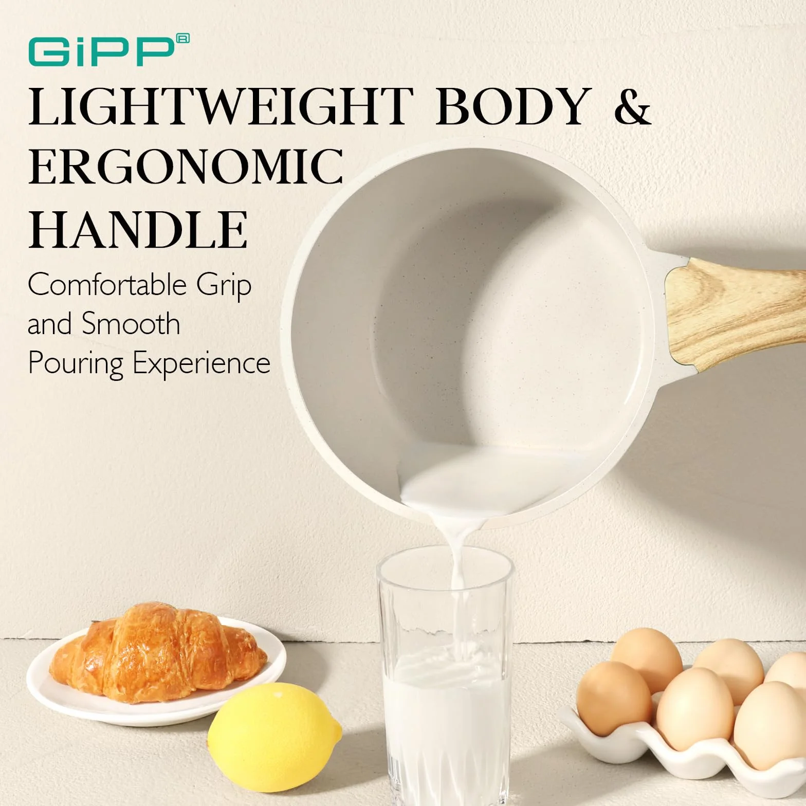GiPP Rondel z pokrywką, 18 cm, mały, garnek indukcyjny, z powłoką zapobiegającą przywieraniu, uchwyt bakelitowy, garnek do gotowania na sos 18 cm, do kuchenek indukcyjnych, bez PFOA, biały