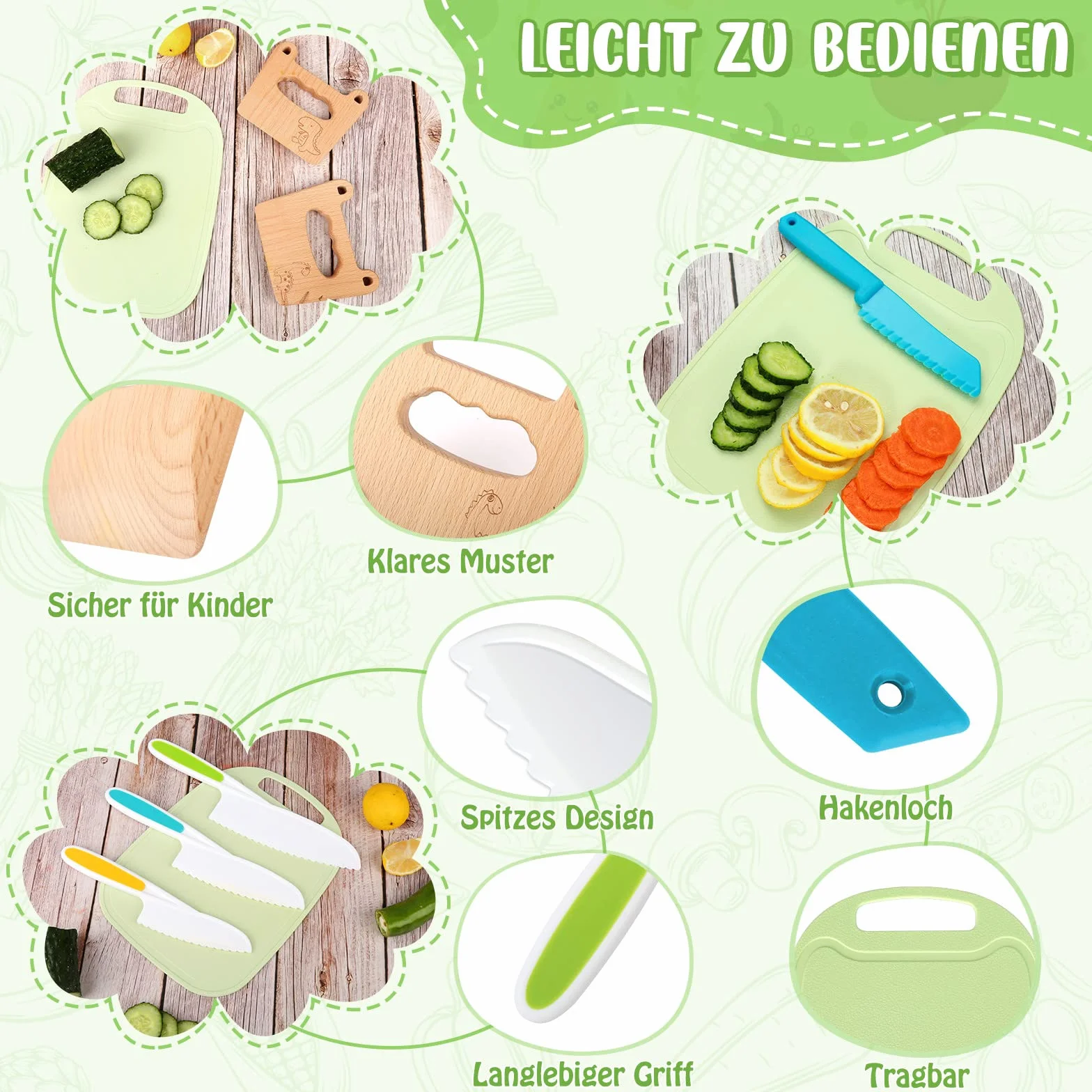 GOODCHEF 10-częściowy zestaw noży kuchennych dla dzieci do krojenia i gotowania owoców i warzyw dla maluchów, w tym drewniany nóż i deska do krojenia dla dzieci powyżej 2 lat (Leaf Dinosaur)