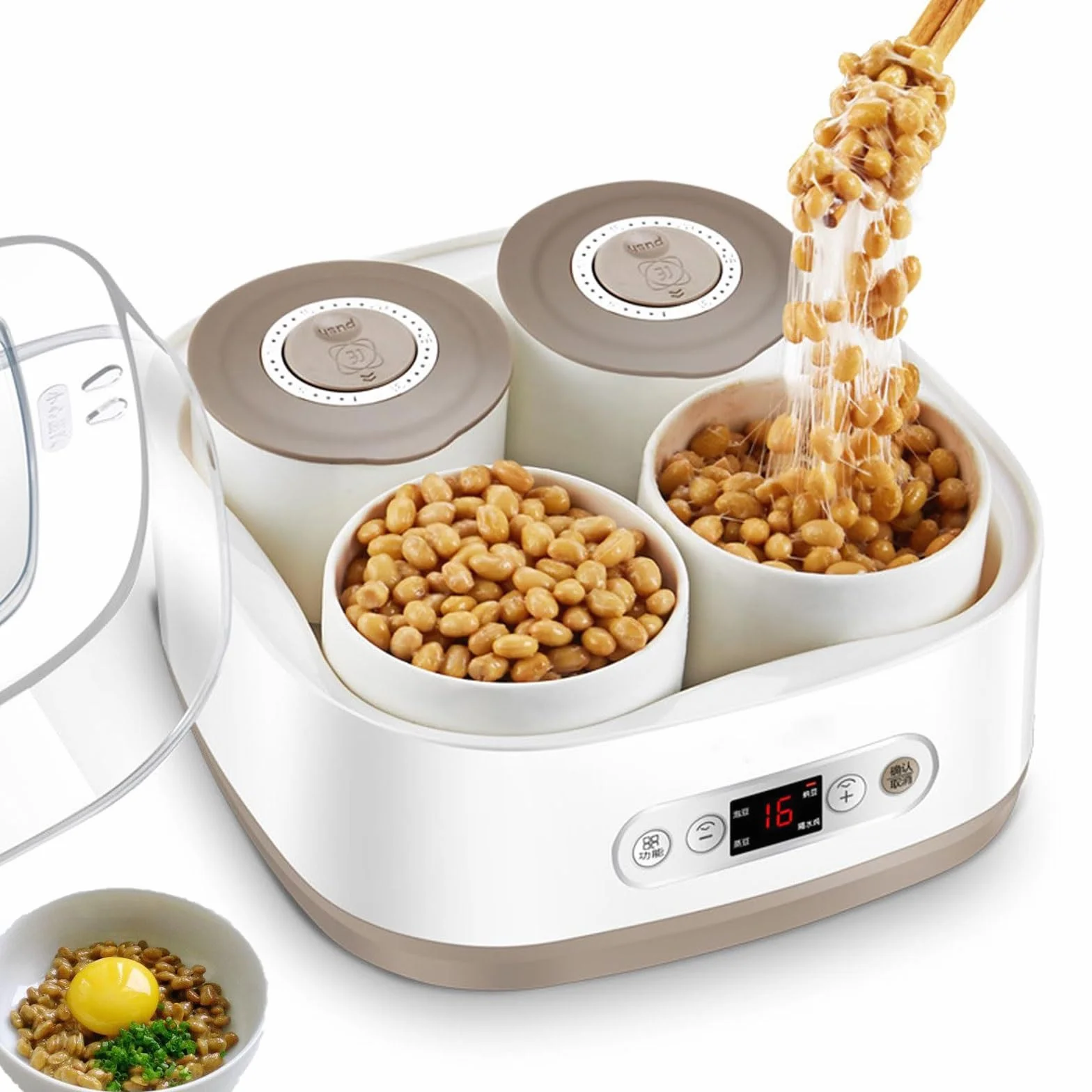 Elektryczna maszyna do fermentacji jogurtu Natto, inteligentna maszyna do fermentacji Natto o pojemności 1,5 l z 4 pojemnikami ceramicznymi, wysoka temperatura i inteligentne sterowanie panelem, do