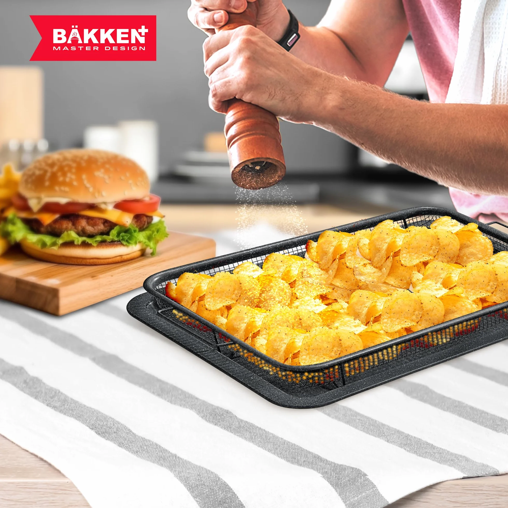 Bakken Swiss Crisper Tray – 2-częściowy zestaw – szary marmur, nieprzywierający kosz dla zdrowszego gotowania w zwykłych piekarnikach – uzyskaj idealnie chrupiące chipsy, bekon i nie tylko