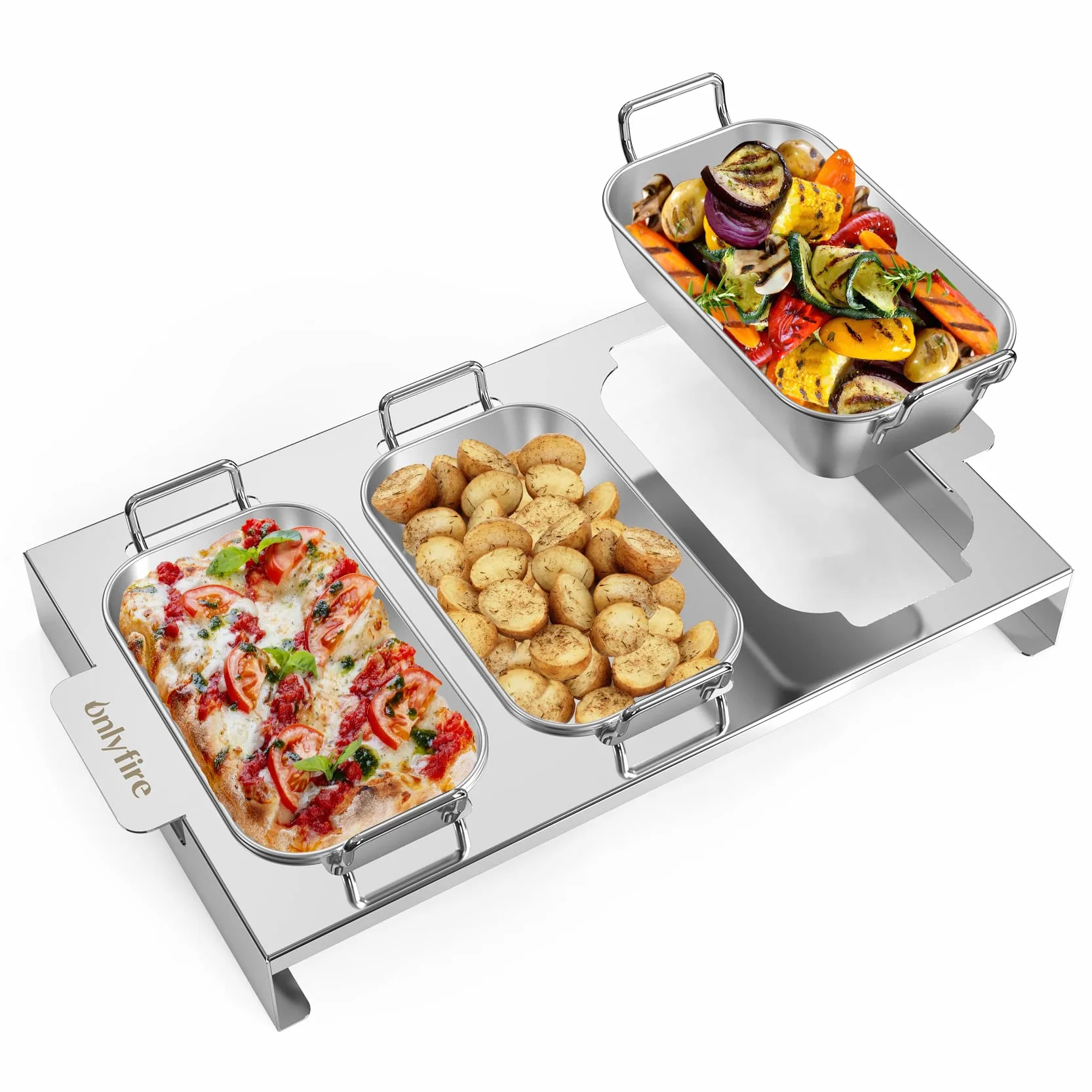 Onlyfire Zestaw 3 Patelni Grillowych do Grilla Gazowego, Tacki Grillowe ze Stali Nierdzewnej z Uchwytem i Stojakiem, akcesoria do grillowania warzyw, mięsa, krewetek, sera i chleba