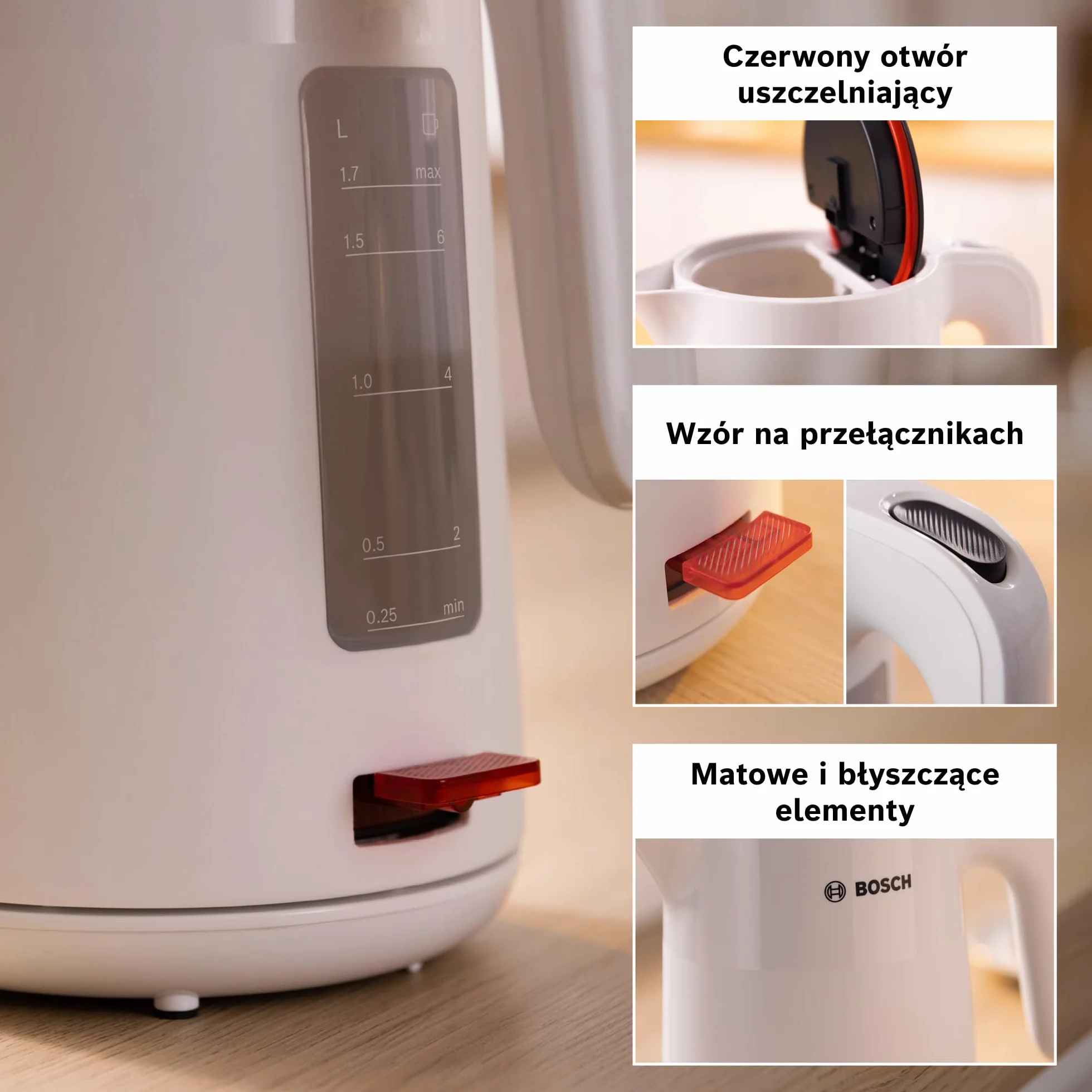 Bosch, czajnik elektryczny, MyMoment, ergonomiczna budowa, duży otwór, potrójne zabezpieczenie, filtr antyosadowy, pojemność 1,7 l, wysokiej jakości plastik, biały, TWK2M161