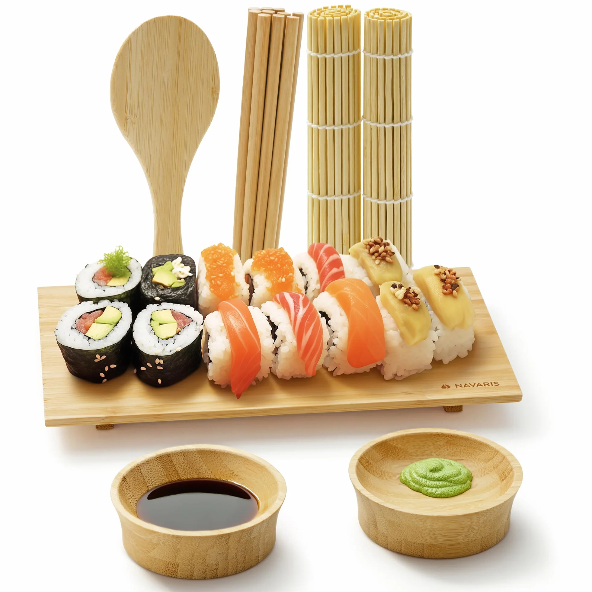 Navaris Sushi Maker kompletny zestaw – 16-częściowy zestaw akcesoriów bambusowych z 2 matami do sushi, 1 x łyżką do ryżu, 1 tacą, 5 pałeczkami i półką na pałeczki, 2 x miska do dipów