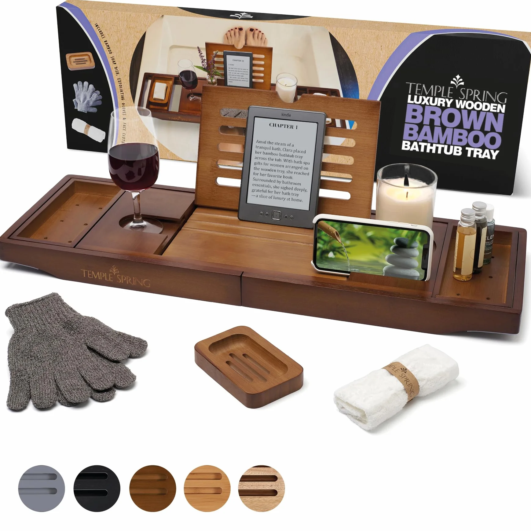 Temple Spring Półka na wannę z uchwytem na świece, kieliszek do wina, książkę, tablet, iPad i telefon. Wysuwany mostek naturalny, 100% bambus (Brązowy)