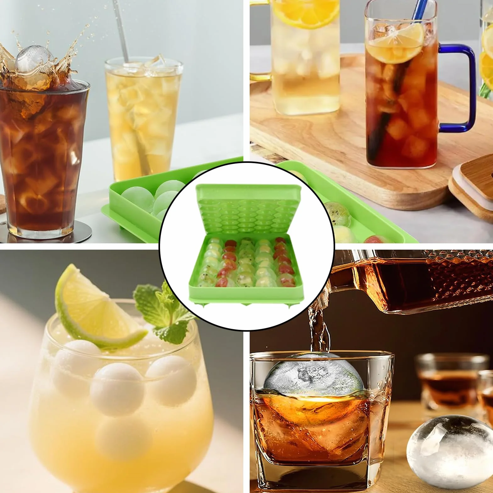 Mini foremki do kostek lodu, 66 sztuk, okrągłe kulki, pojemnik na kostki lodu, pojemnik na kostki lodu, bez BPA, z pokrywką, okrągła forma do lodów, koktajli, whisky, kawy i herbaty (zielona)