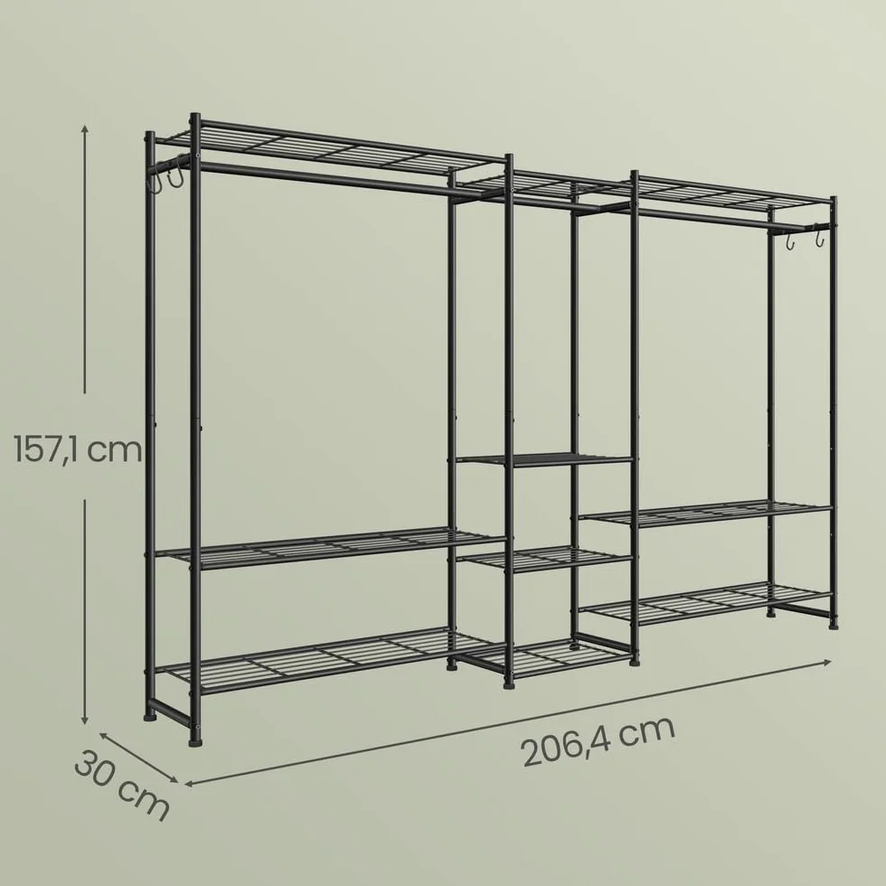 SONGMICS Wieszak na ubrania, otwarta szafa, wieszak na ubrania z 10 półkami, 3 drążkami na ubrania, 4 haczykami w kształcie litery S, metalowa rama, do sypialni, salonu, czarny LGR011BZ01