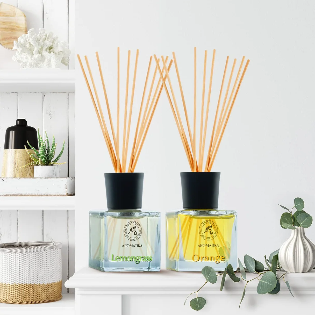 AROMATIKA Reed Diffuser Gift Set 2 x 50 ml with Natural Essential Oils Lemongrass & Orange - Scented Reed Diffusers with Bamboo Sticks - Perfect for Aromatherapy - Bedroom - Office - Home Diffusers