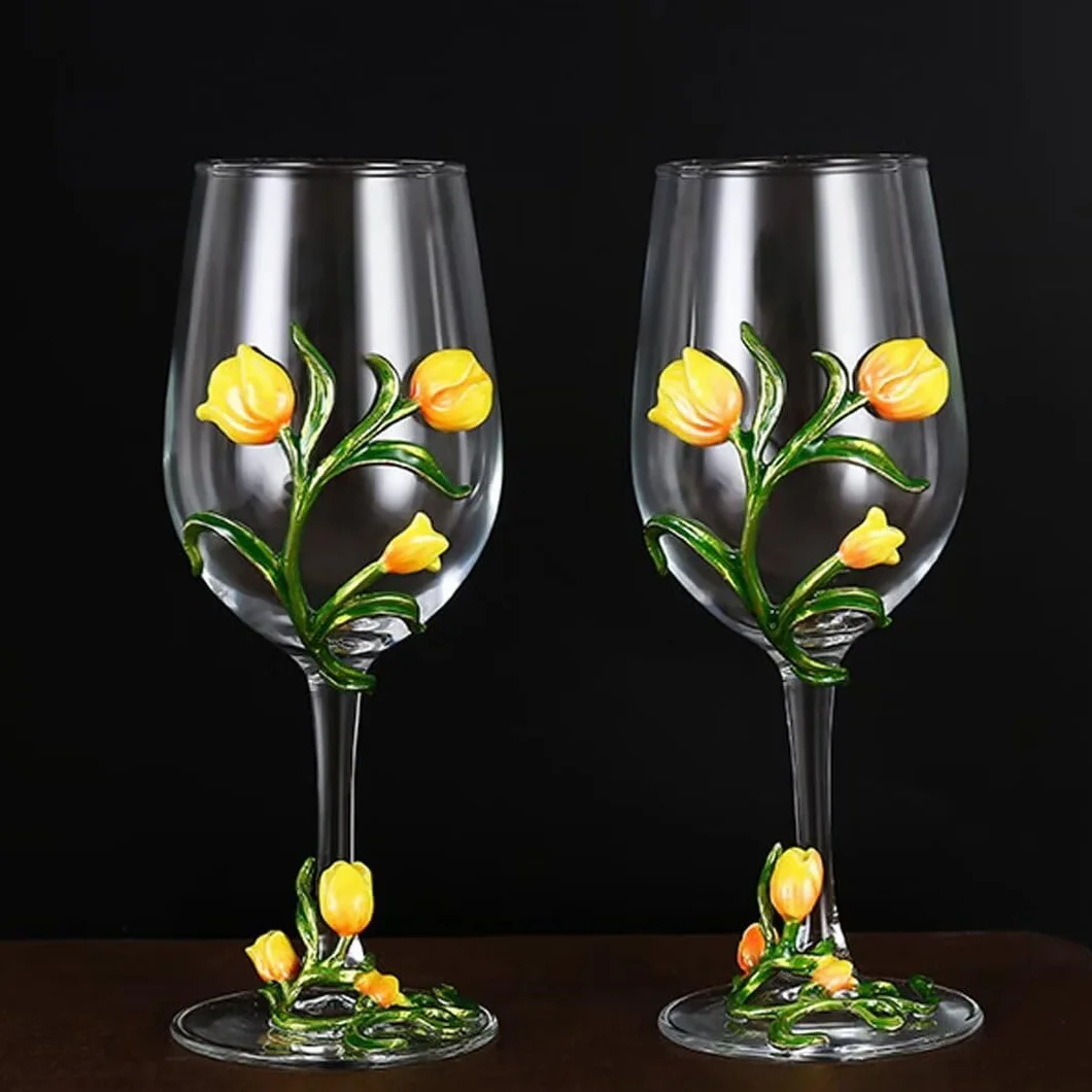 Emaliowana szklana karafka do wina, bezołowiowy kryształowy kielich, 350 ml, dekoracyjny zestaw upominkowy z długim uchwytem, eleganckie pudełko na prezent ślubny (żółty - 2 sztuki)