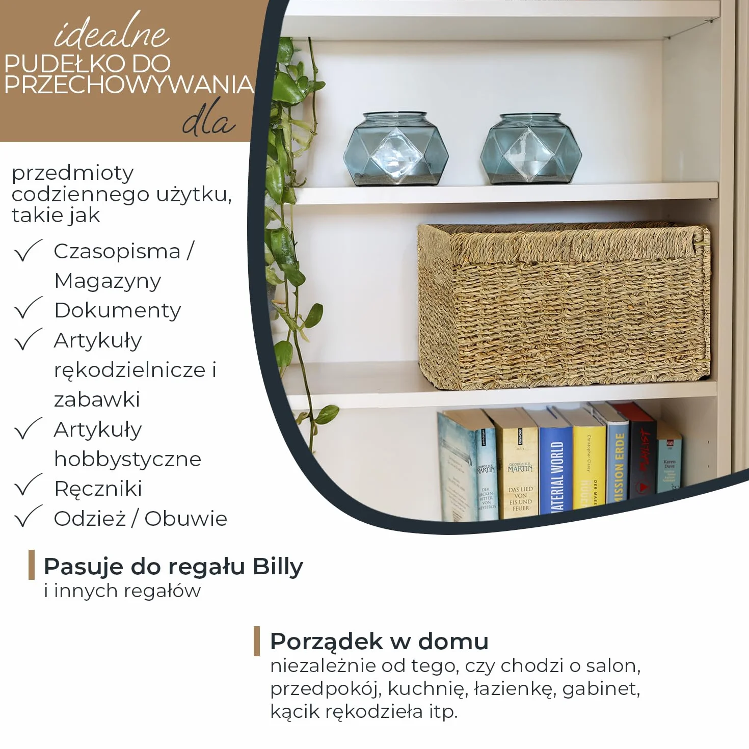 HMF Kosz do przechowywania, pleciony kosz z trawy morskiej | zestaw 4 szt. | pasuje do Billy | 35 x 25 x 20 cm