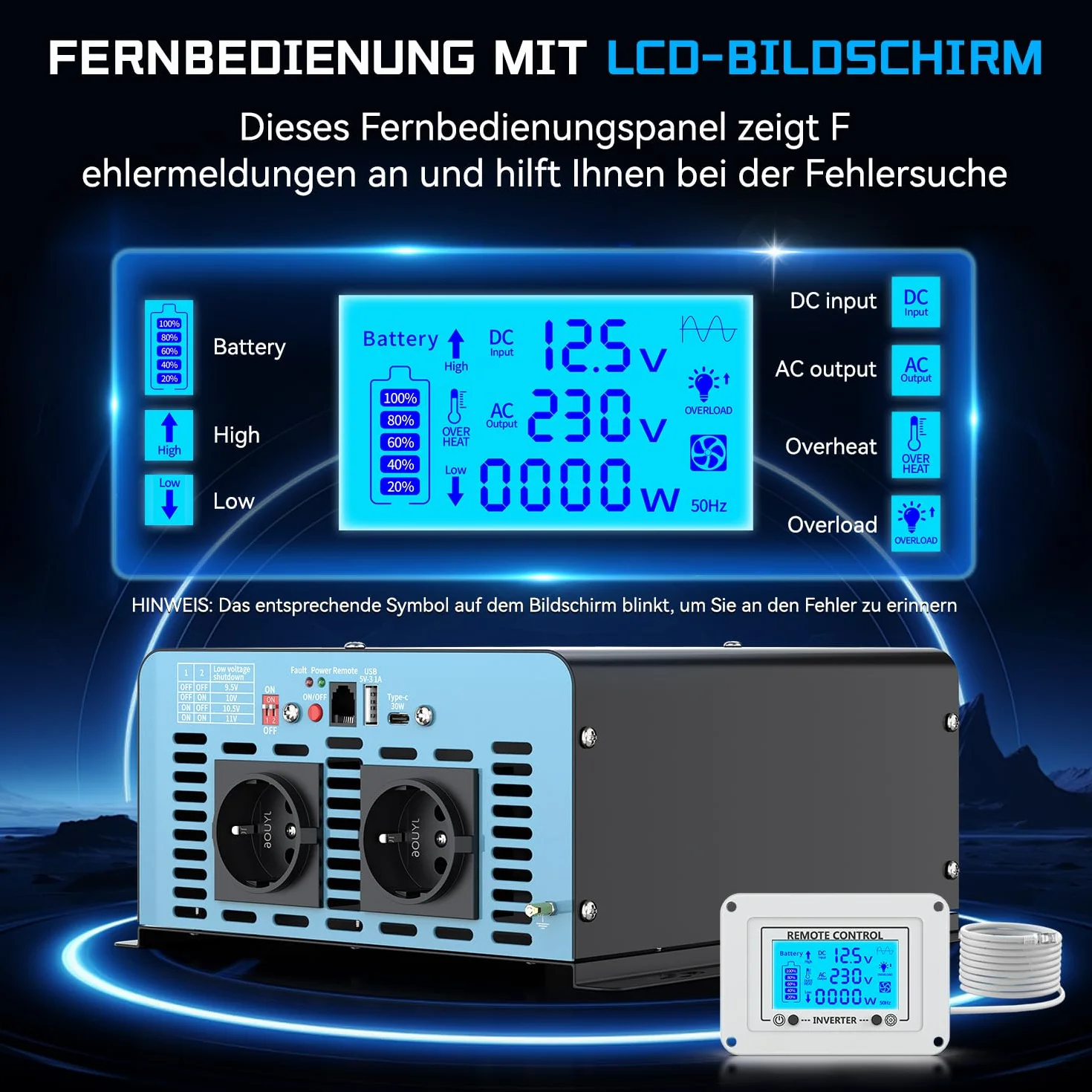 Przetwornica napięcia 1500 W, 12 V na 230 V, czysta sinusoidalna przetwornica napięcia z pilotem LCD – 2 x gniazda AC, USB i typ C – idealny do przyczep kempingowych, na kemping, łódź i w przypadku