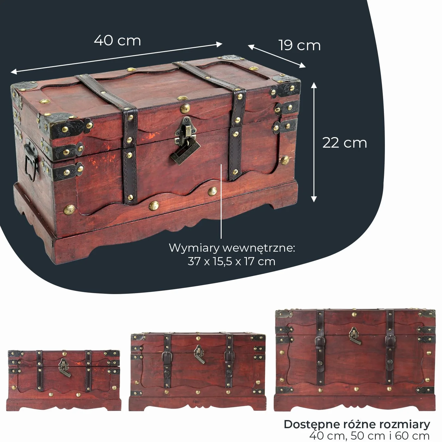 Skrzynia na skarby drewniana HMF 6400-140 z zamkiem 40x19x22 cm