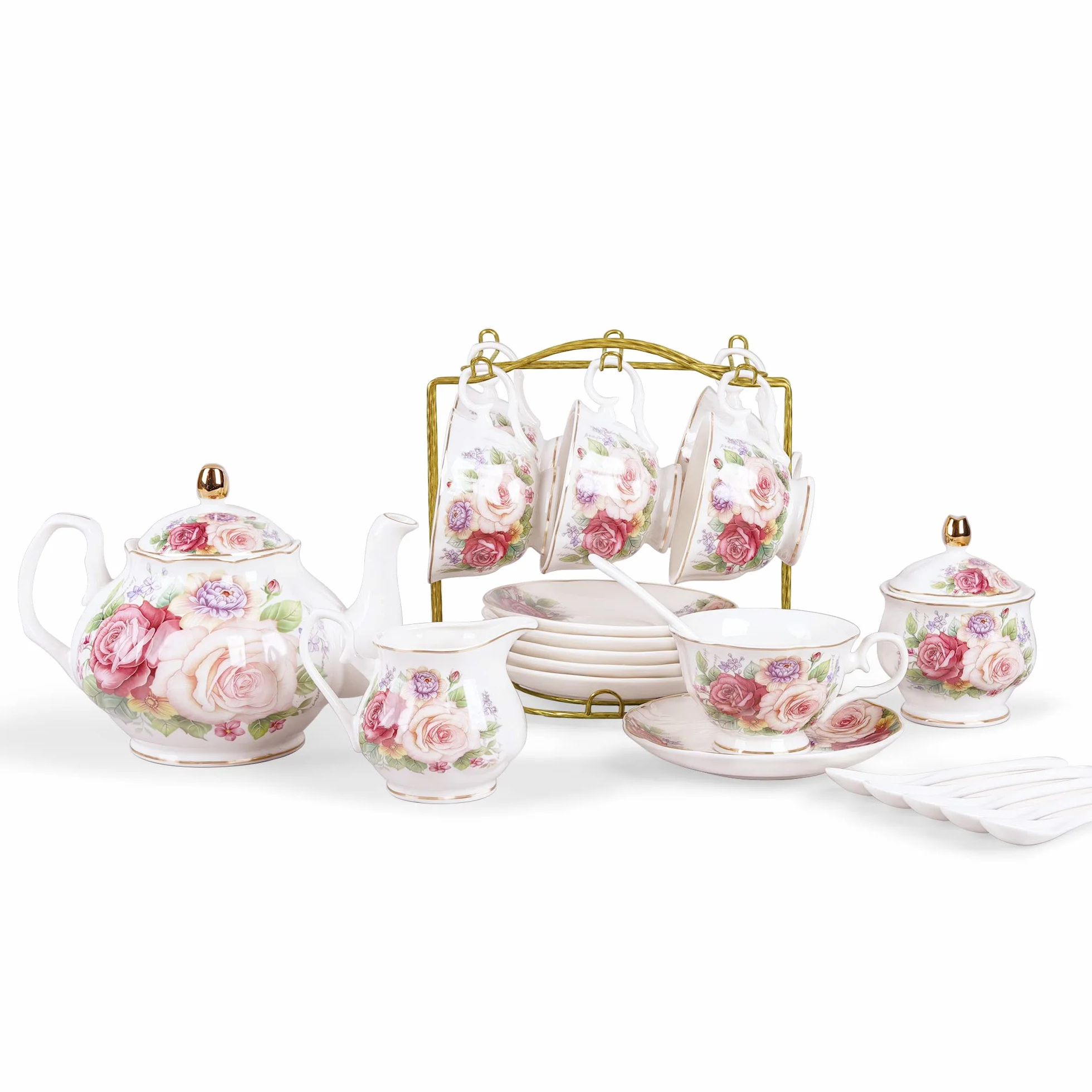 fanquare Europejski porcelanowy zestaw do kawy, różowy zestaw do herbaty dla kobiet, zestaw do herbaty z porcelany kostnej, vintage kwiatowy dzbanek do kawy i herbaty z kubkami