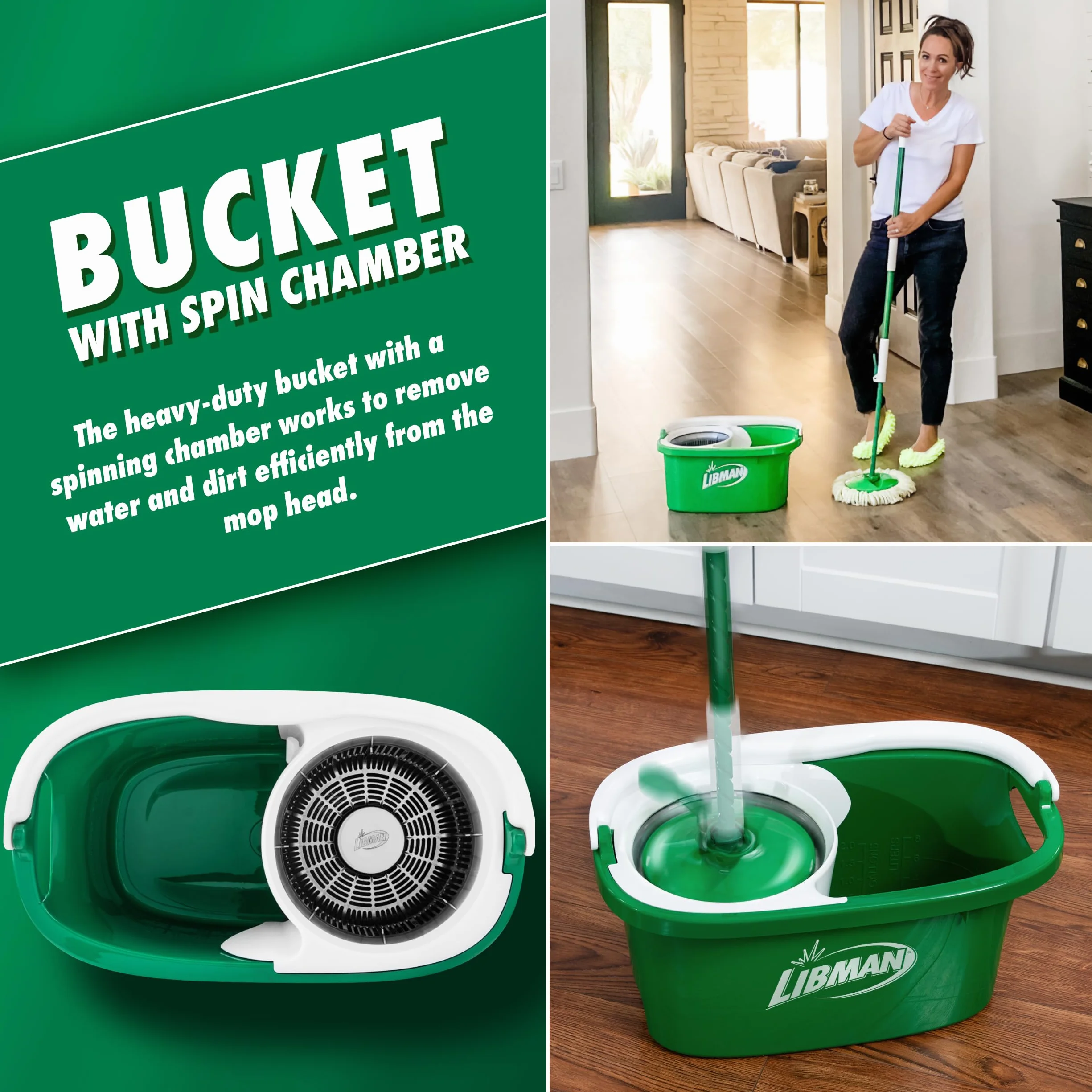 Libman Tornado system mopa spinningowego z 3 głowicami uzupełniającymi, mop spinningowy z mikrofibry i wiadro z zestawem do wyciskania do domu, czyszczenia podłóg z twardego drewna, laminatu, płytek,