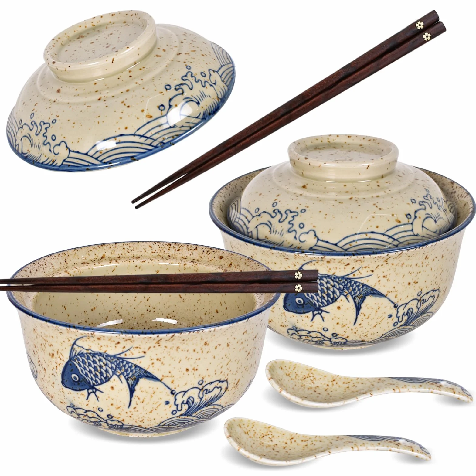 2 x zestaw misek do ramen 800 ml, ceramiczna miska do ramen z pokrywką, łyżką i pałeczkami, japońska miska na zupę, azjatyckie naczynia Ø 16 cm, miska na rameny, sałatki, musli (A)