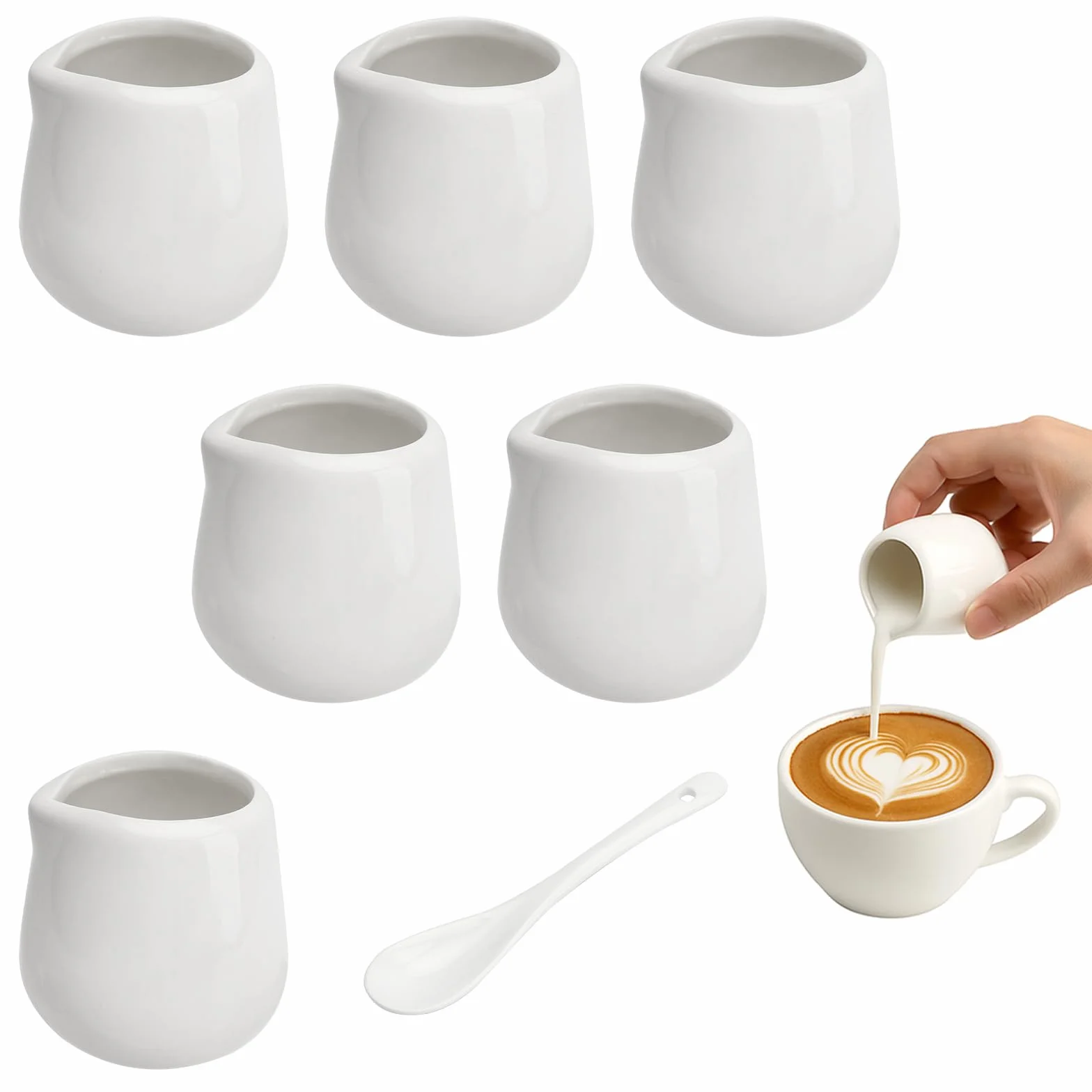 APOMOONS 6 sztuk małych dzbanków na mleko, porcelana z ceramiczną łyżeczką, sosjerki, porcelana do mleka, kawy, syropu (50 ml, białe)