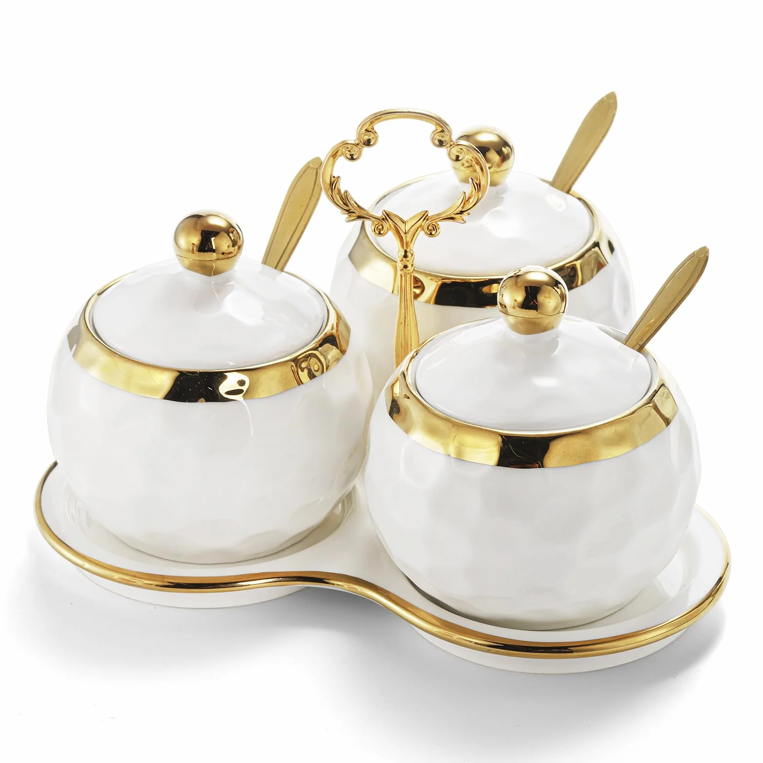 Foraineam Porcelanowy garnek na przyprawy, cukiernica, słoiki na przyprawy z pokrywką, łyżką i tacą, pojemnik na sól, pojemniki na przyprawy, zestaw białych misek na cukier, do kuchni, restauracji,