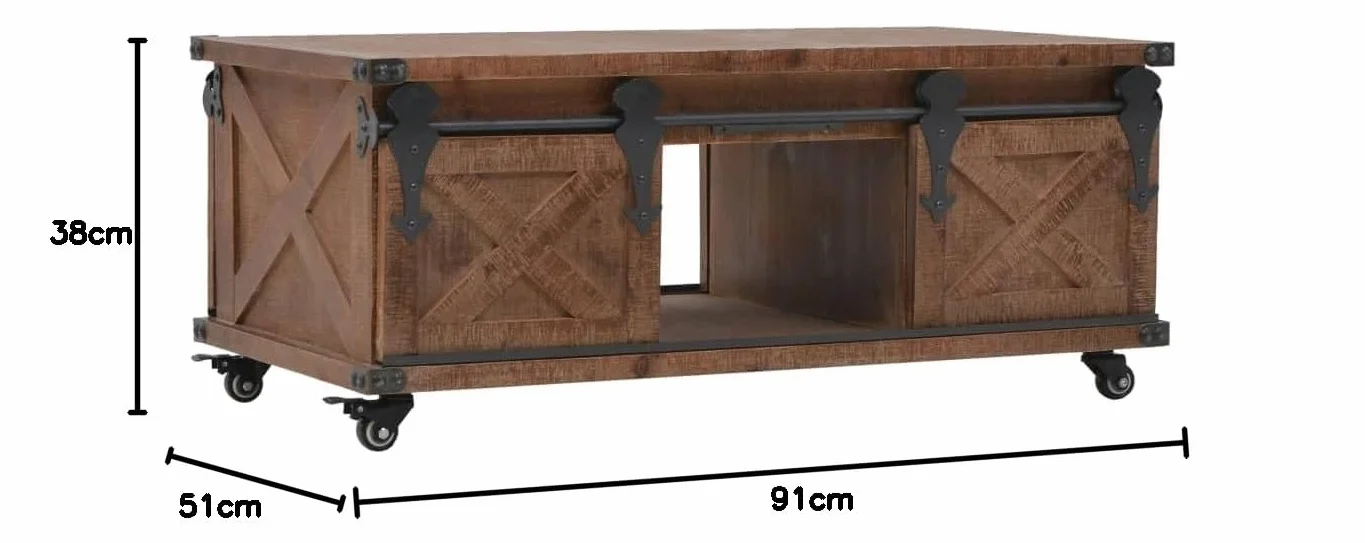 Stolik kawowy z litego drewna jodłowego, klasyczny stolik kawowy z litego drewna z drzwiami wiszącymi i kółkami, 91 x 51 x 38 cm, brązowy