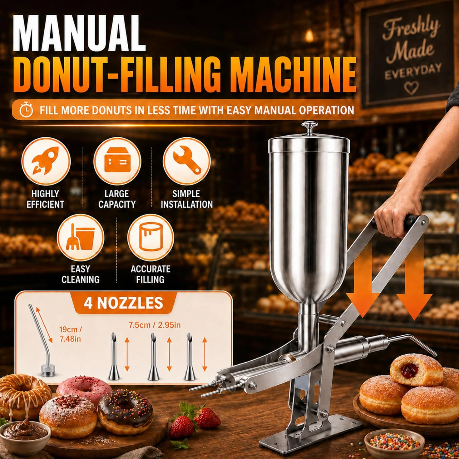 Maszyna do napełniania pączków, ręczna maszyna do napełniania rogalików, stal nierdzewna, zawiera 3 krótkie dysze i 1 długą dyszę, regulowana ilość napełnienia do piekarni i kawiarni
