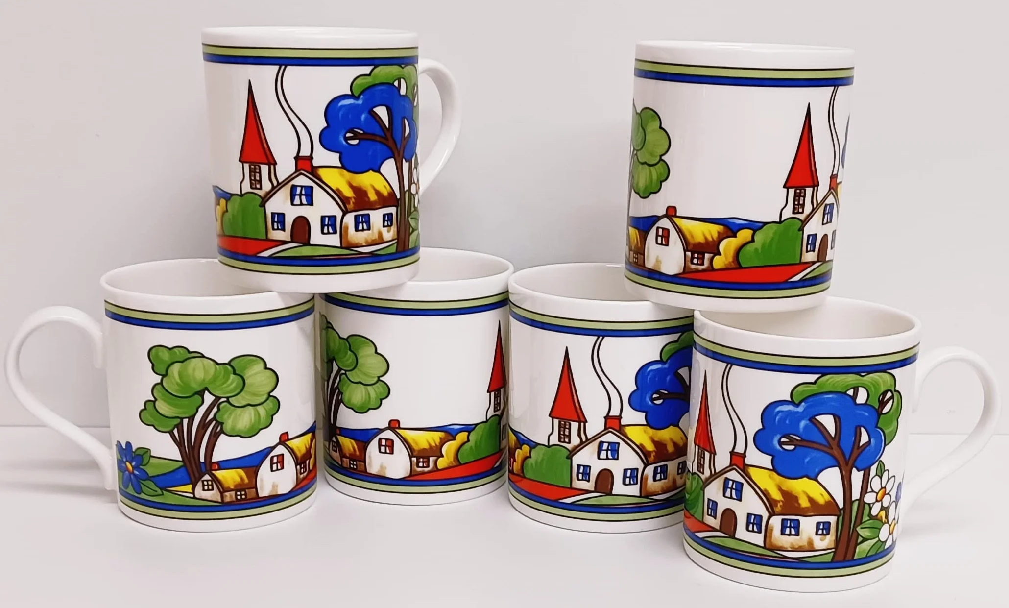Village Art Deco kubki, zestaw 6 dużych kubków Balmoral, 425 ml, wysokiej jakości porcelana kostna, ekskluzywne, wiejskie kubki do sceny, ręcznie dekorowane w Wielkiej Brytanii