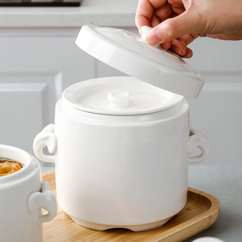 Porcelanowa miska na zupę z pokrywką, podwójna kuchenka ceramiczna (1100 ml)