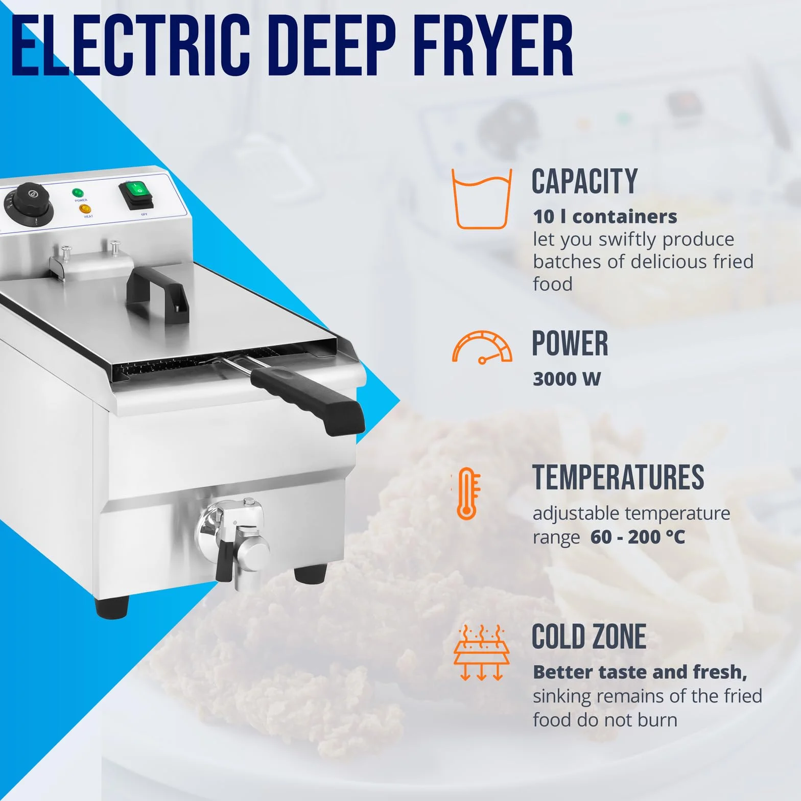 Royal Catering Frytkownica elektryczna ze stali nierdzewnej (pojemność 10 l, moc: 3000 W, termostat, kran spustowy)