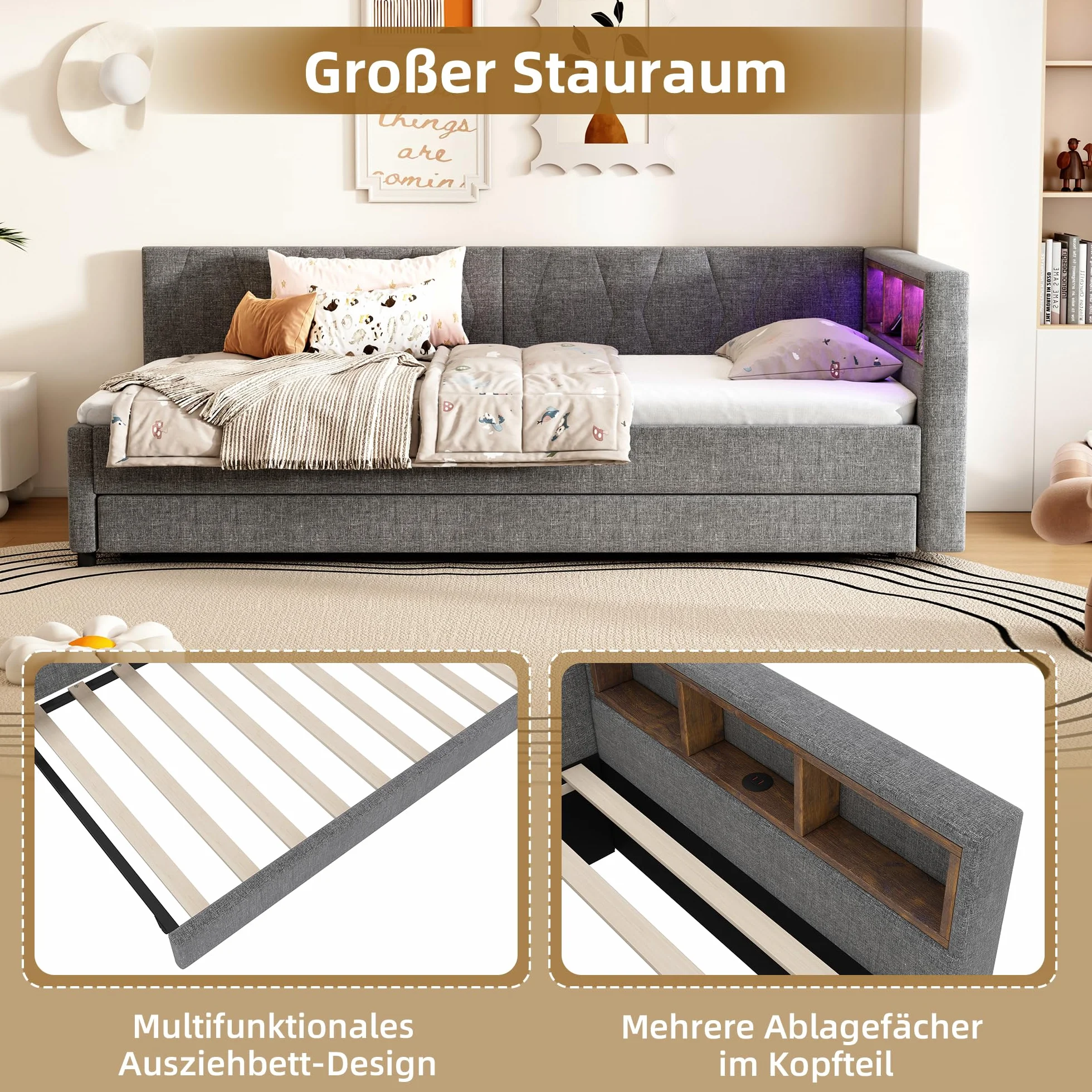 Dolamaní Łóżko tapicerowane 90 x 200 cm z LED i USB-C, stelażem i łóżkiem wysuwanym, lniane